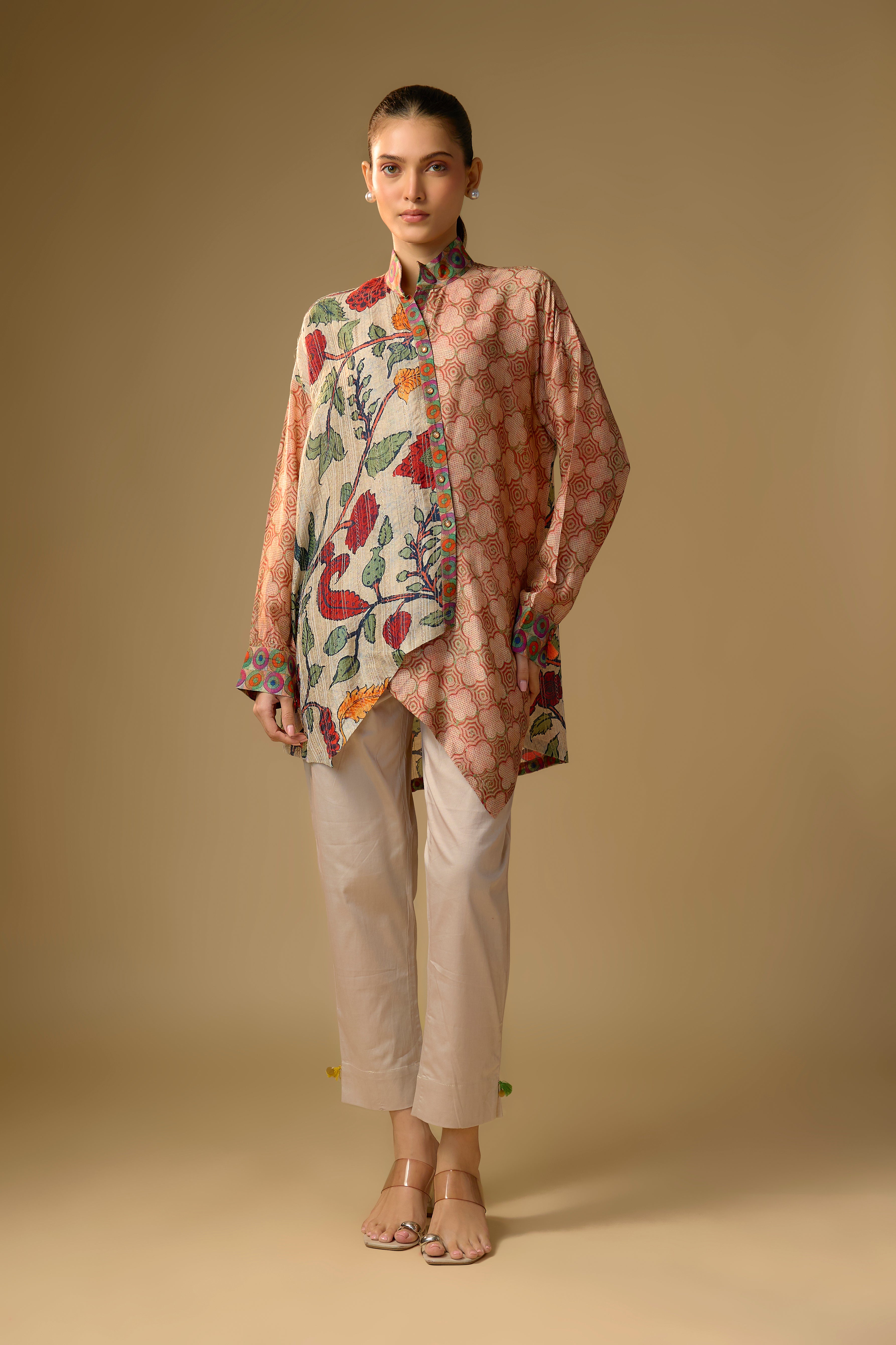 Ivory Floral Printed Slub Cotton Silk Tunic Top
