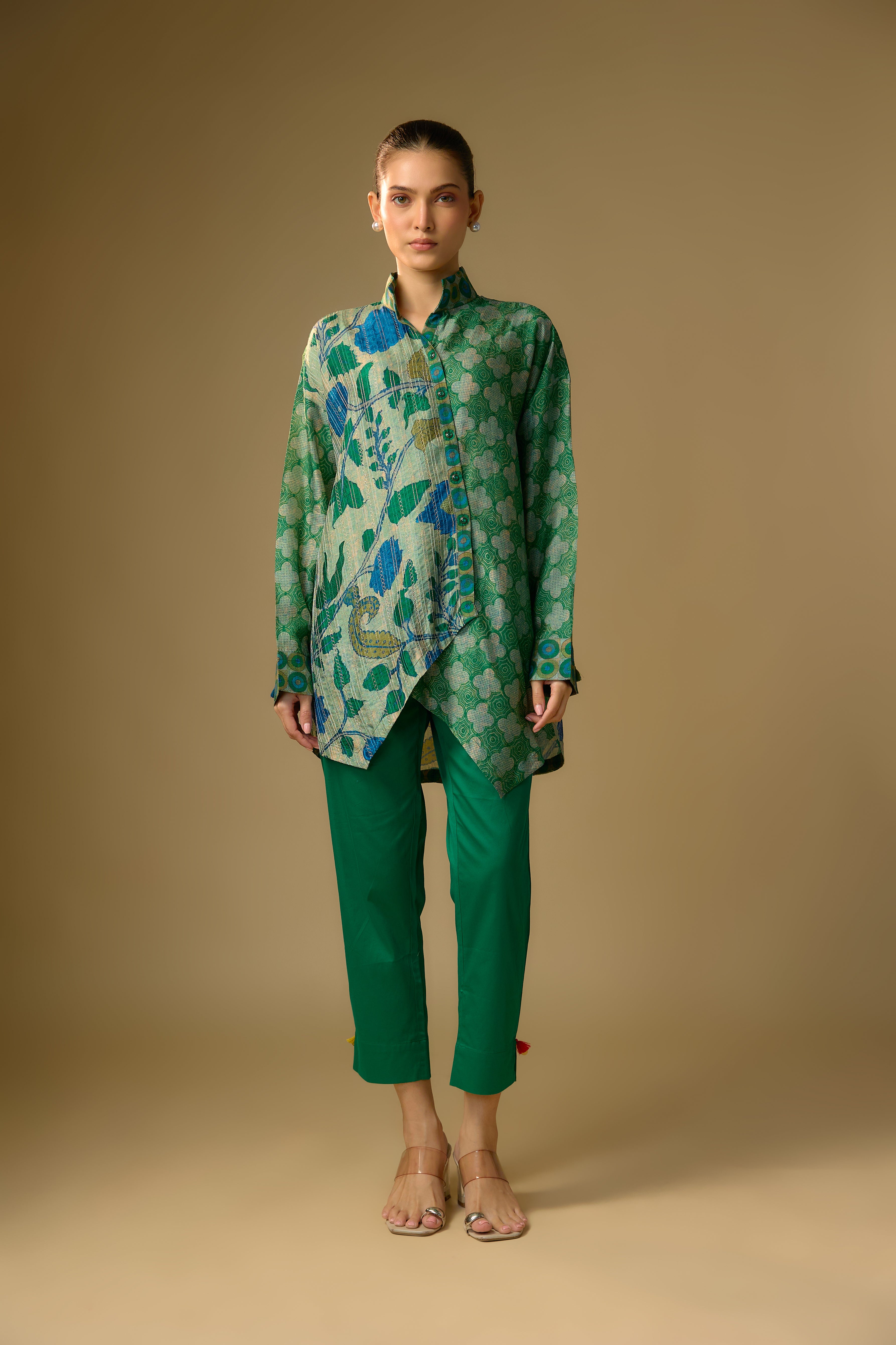 Pista Green Floral Printed Slub Cotton Silk Tunic Top