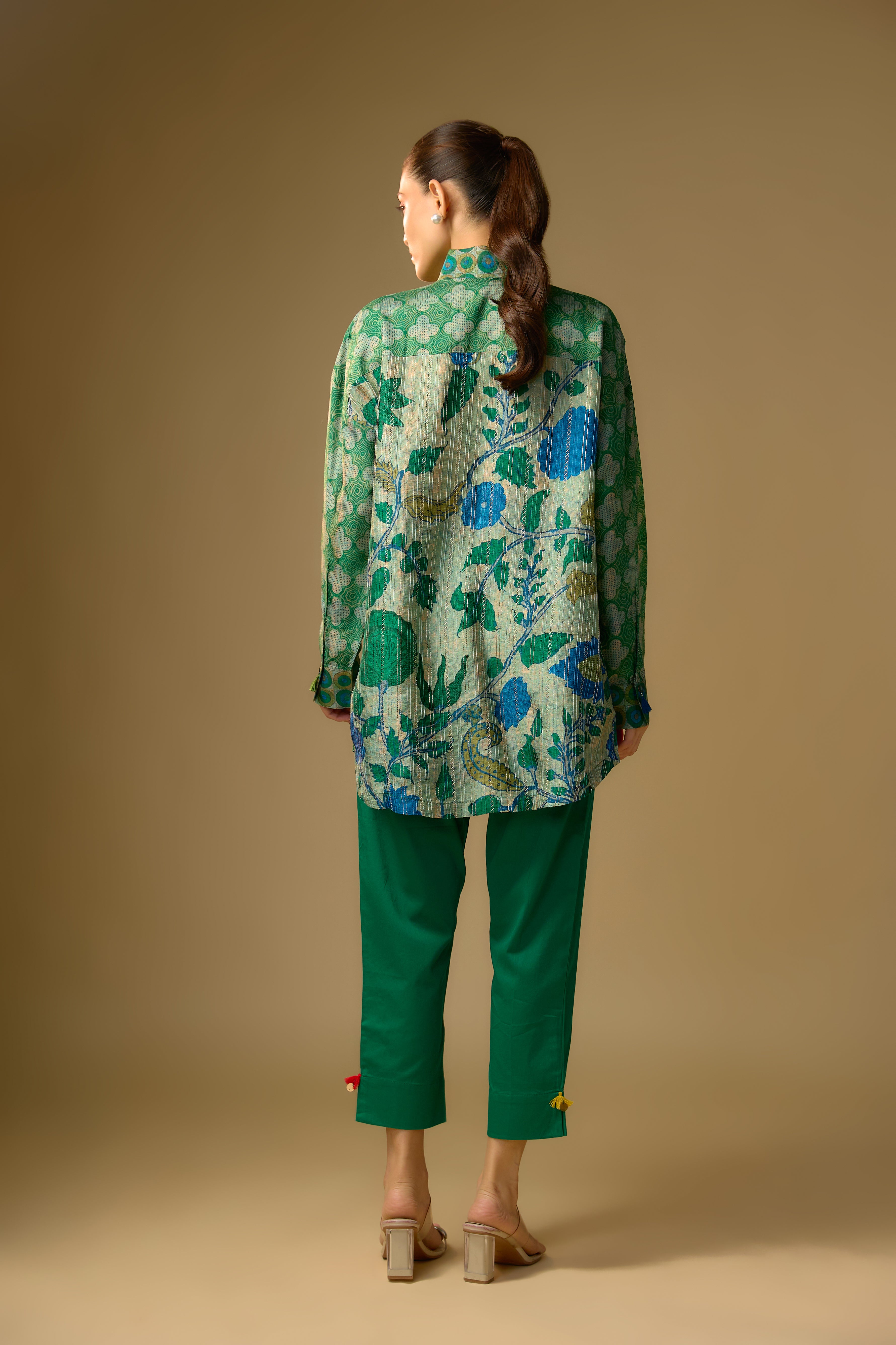 Pista Green Floral Printed Slub Cotton Silk Tunic Top