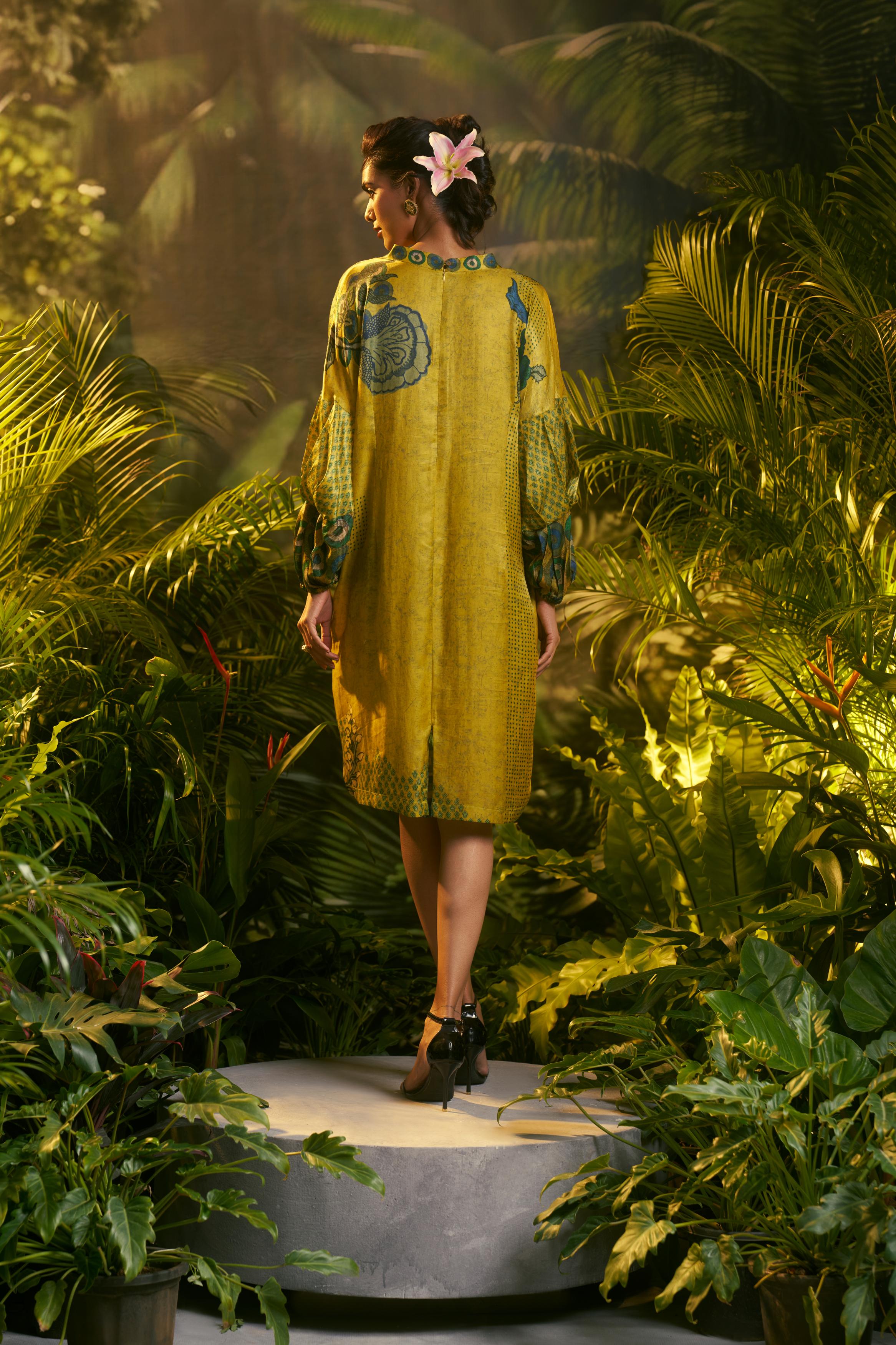 Mustard Yellow Printed Slub Cotton Silk Tunic Dress