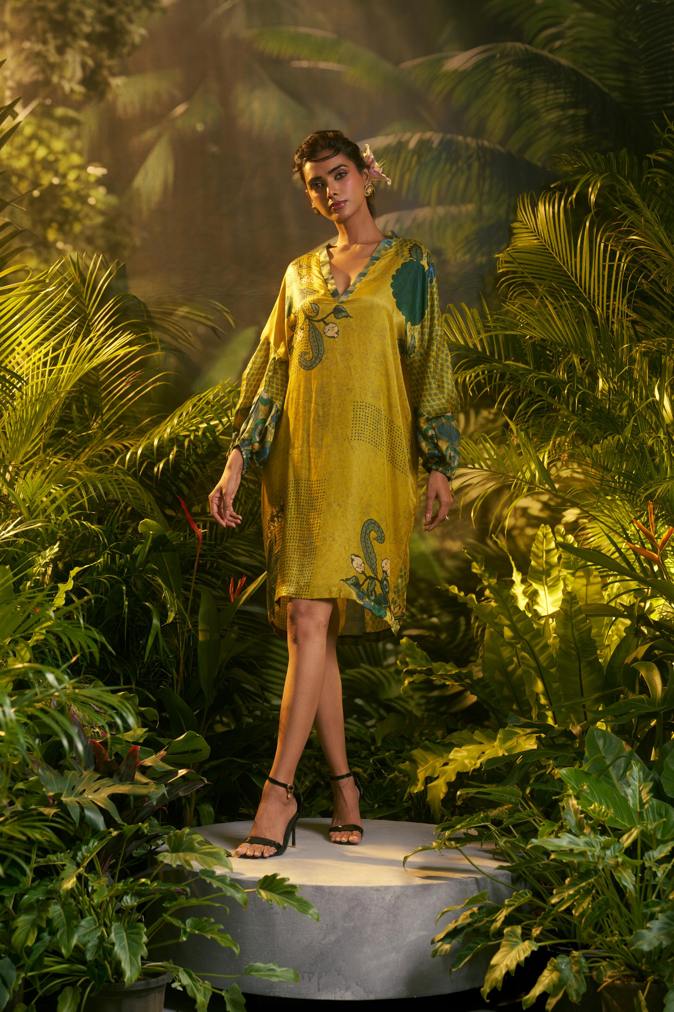 Mustard Yellow Printed Slub Cotton Silk Tunic Dress