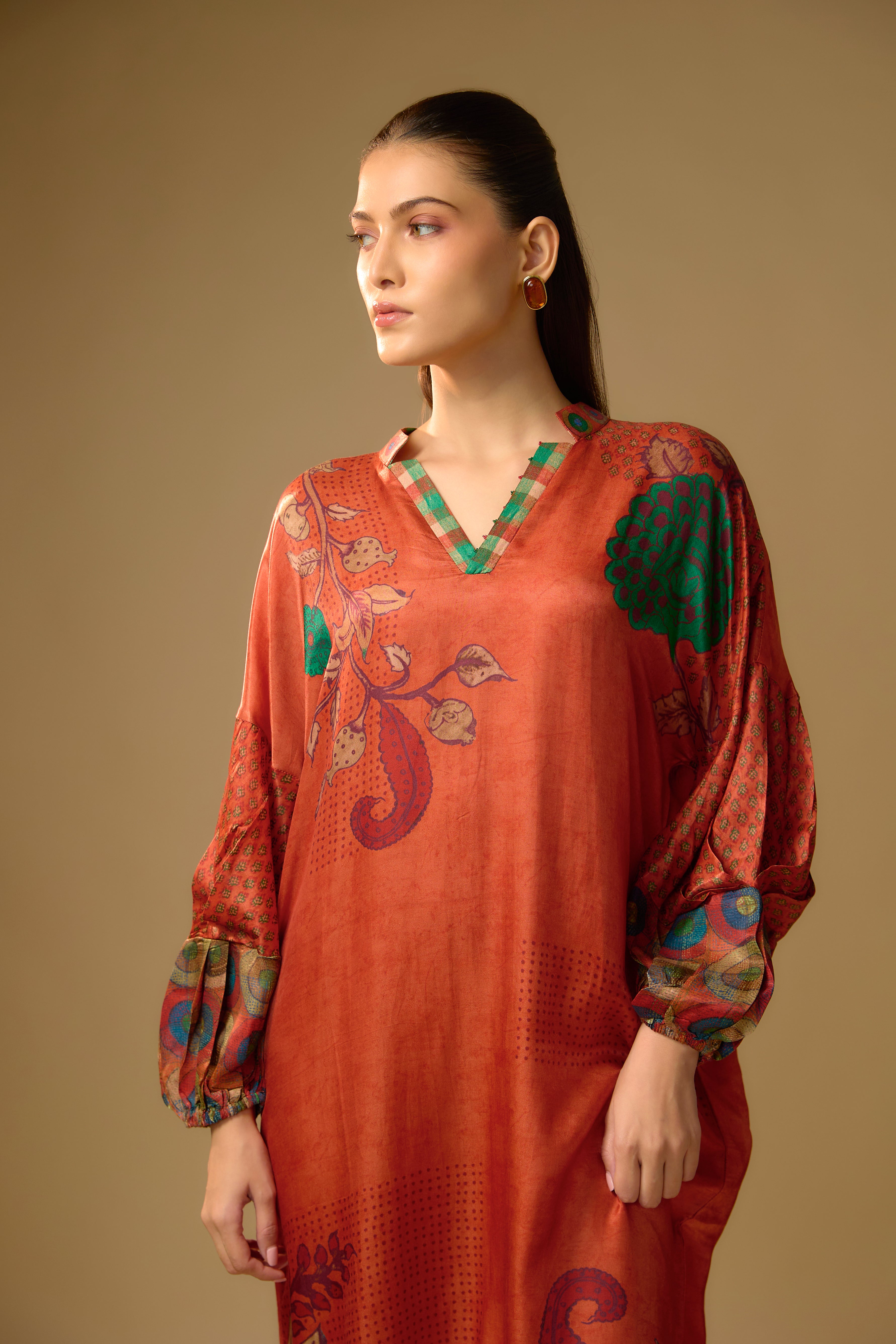 Red Printed Slub Cotton Silk Tunic Dress