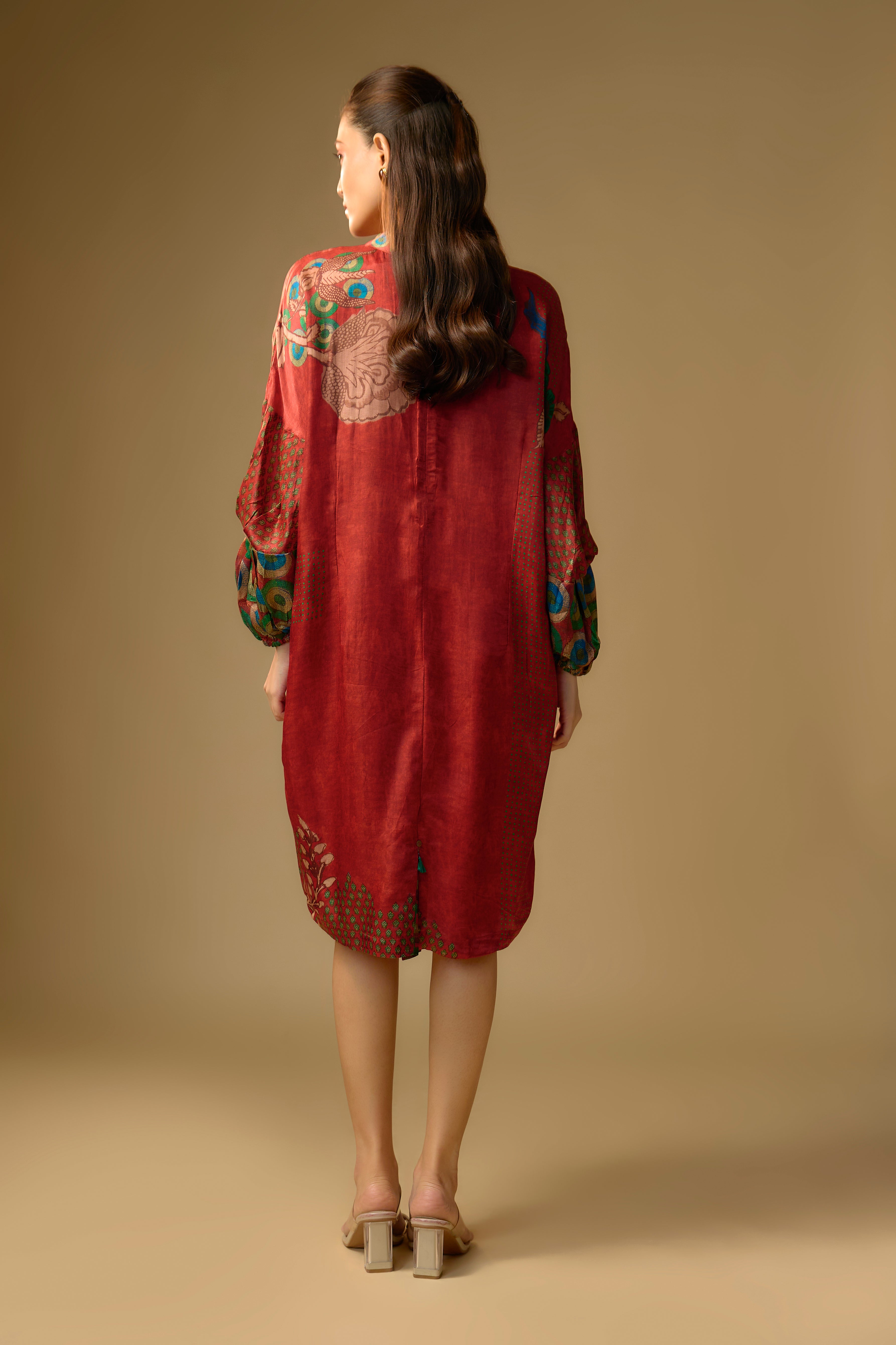 Red Printed Slub Cotton Silk Tunic Dress