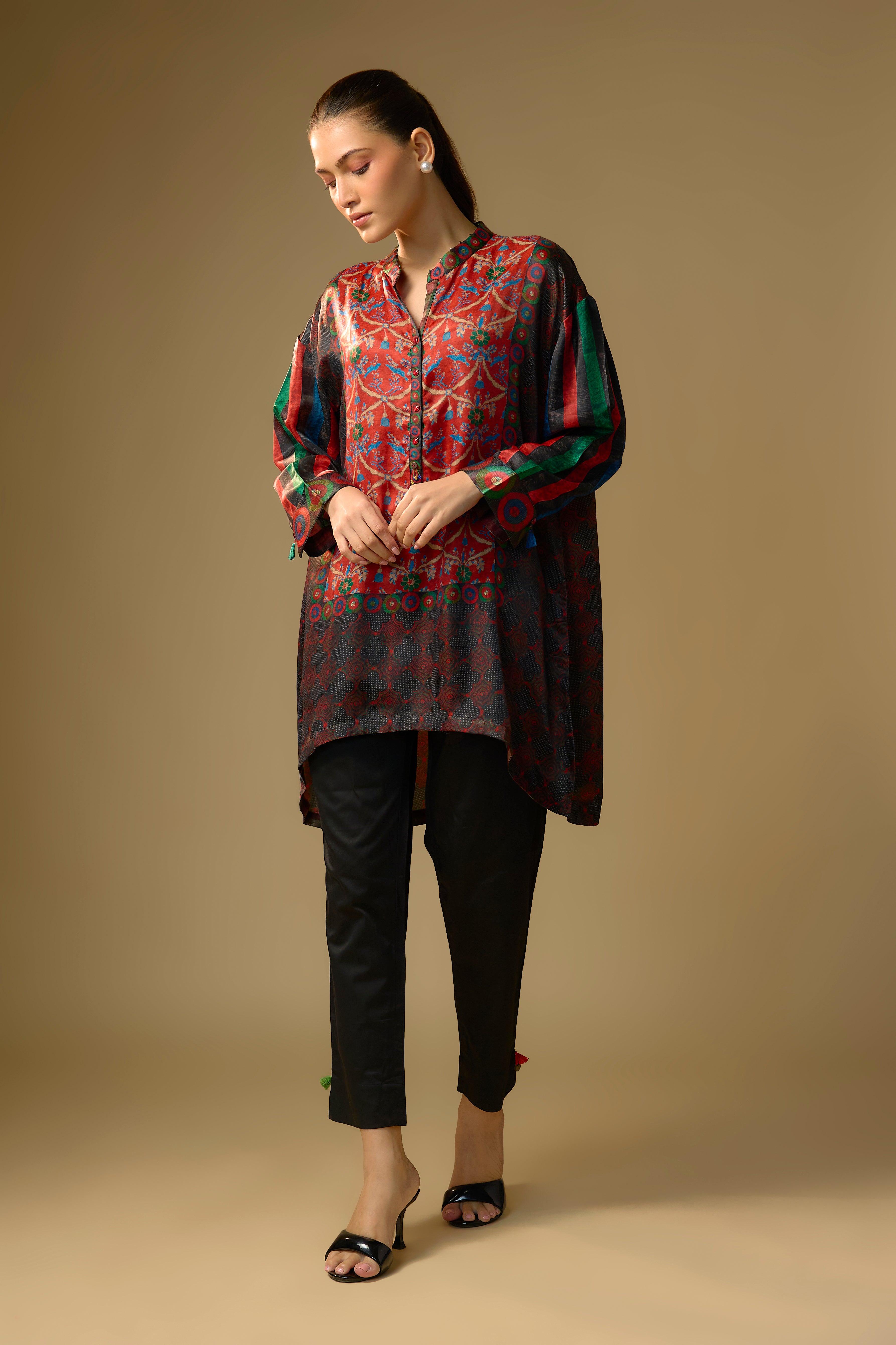 Black Printed Slub Cotton Silk Tunic Top