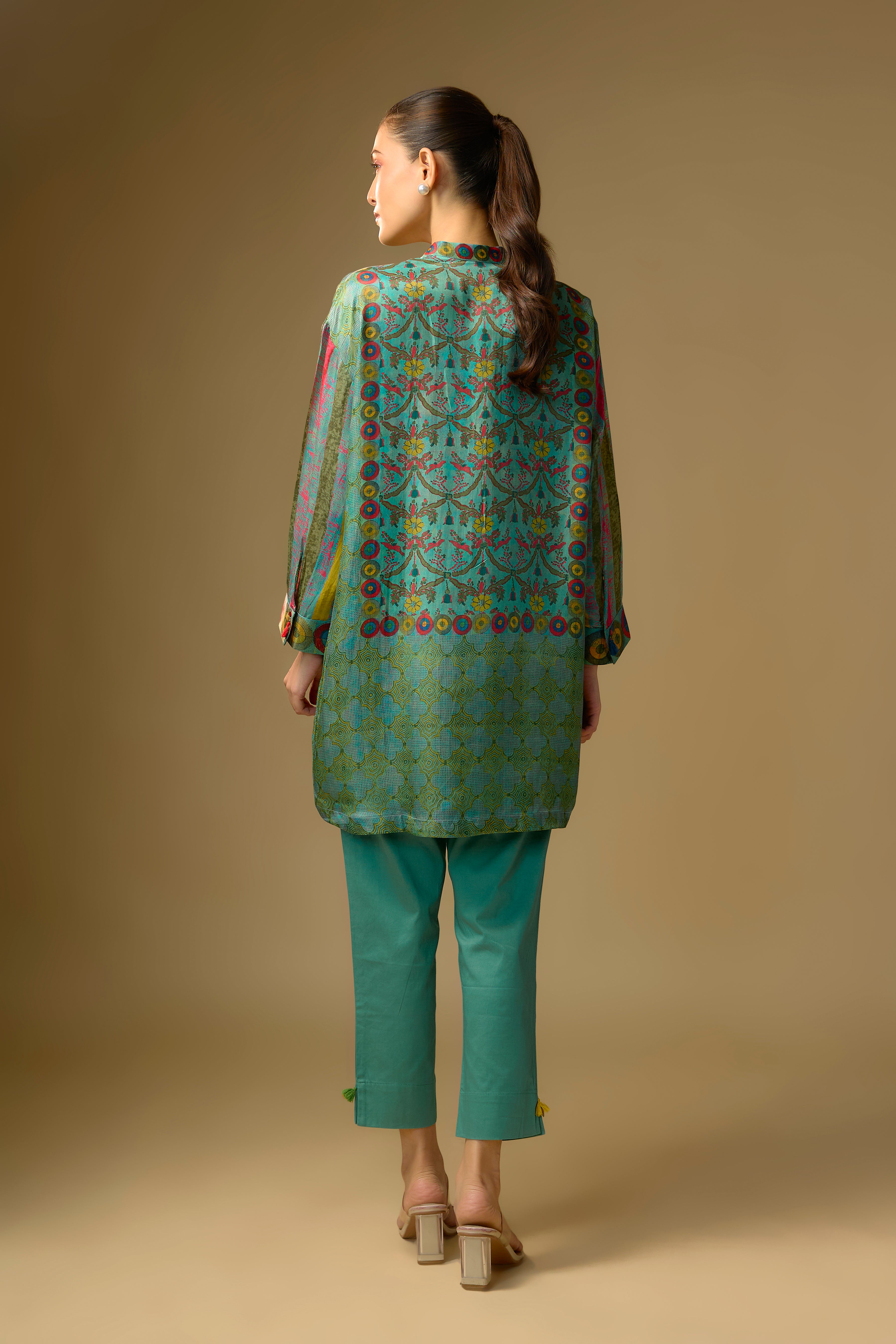 English Blue Printed Slub Cotton Silk Tunic Top
