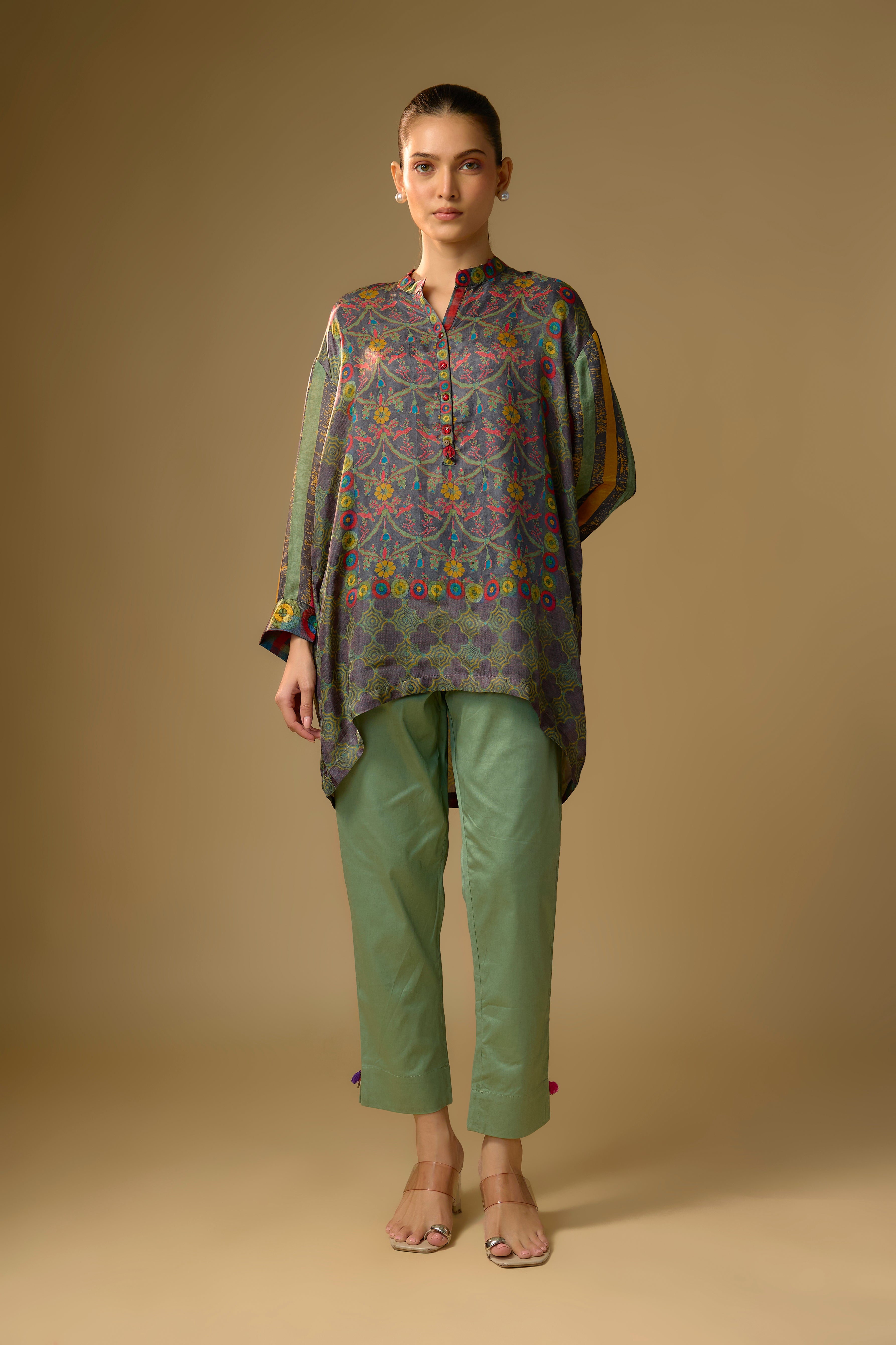 Grey Printed Slub Cotton Silk Tunic Top