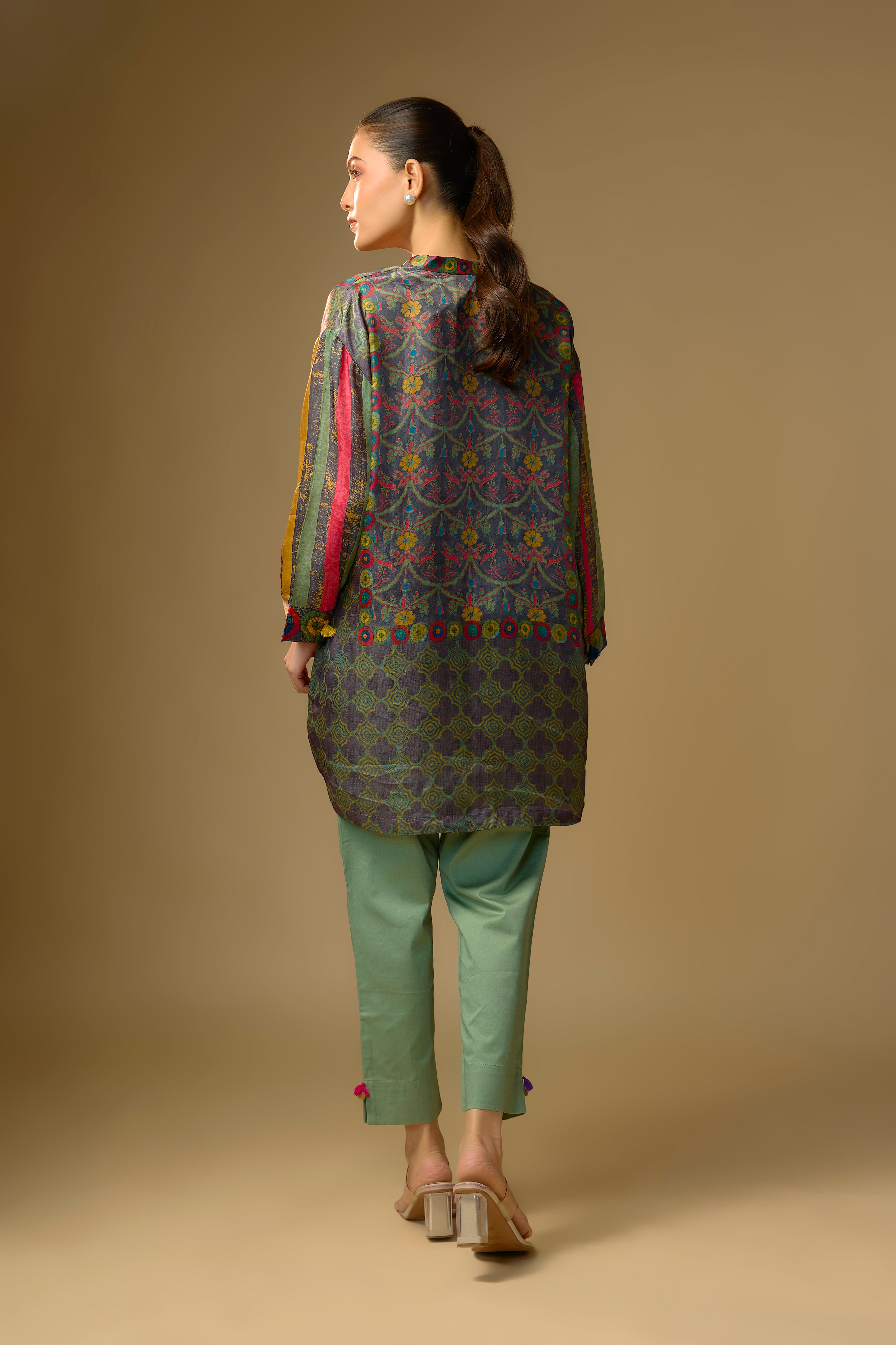 Grey Printed Slub Cotton Silk Tunic Top
