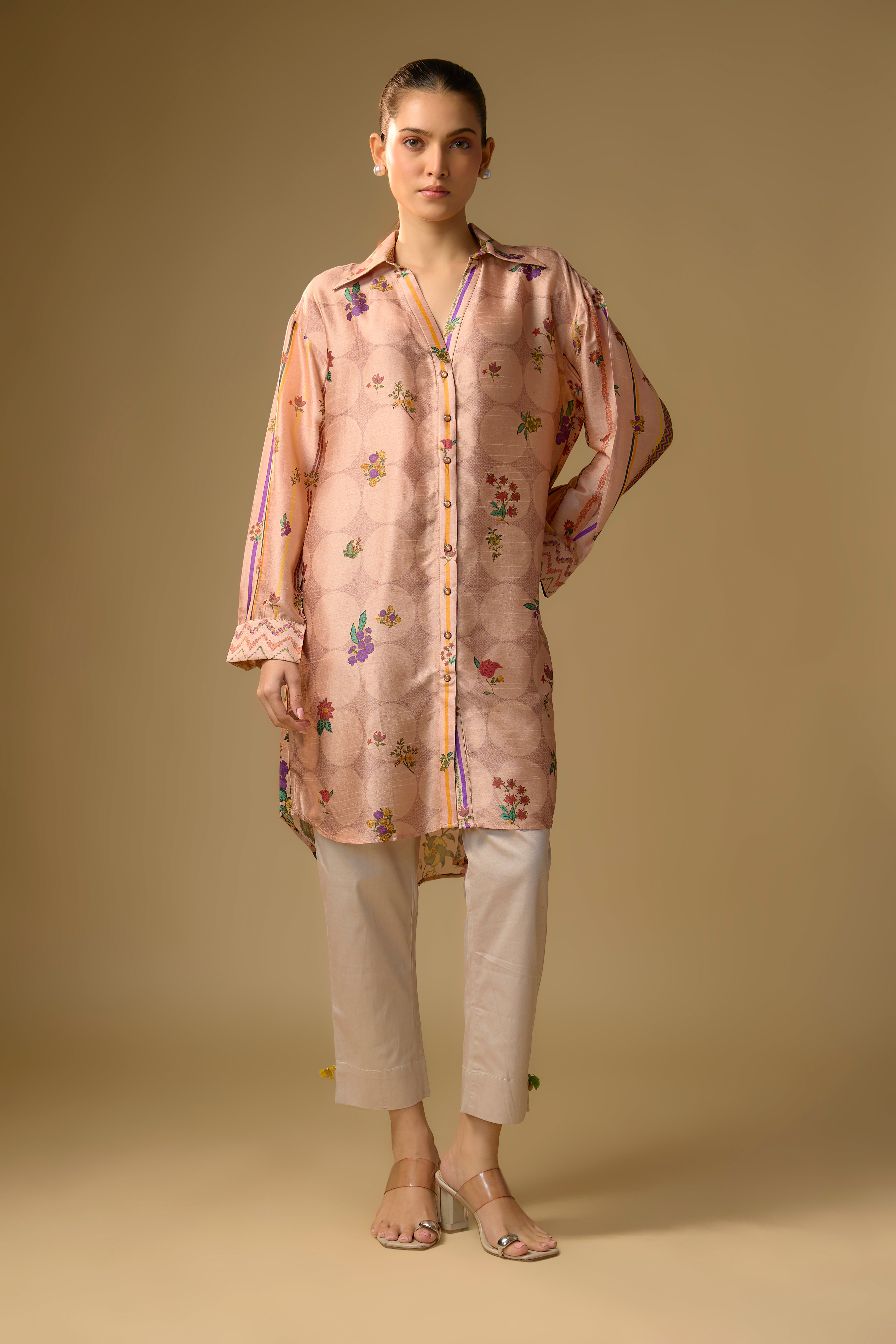 Light Pink Printed Slub Cotton Silk Tunic Top
