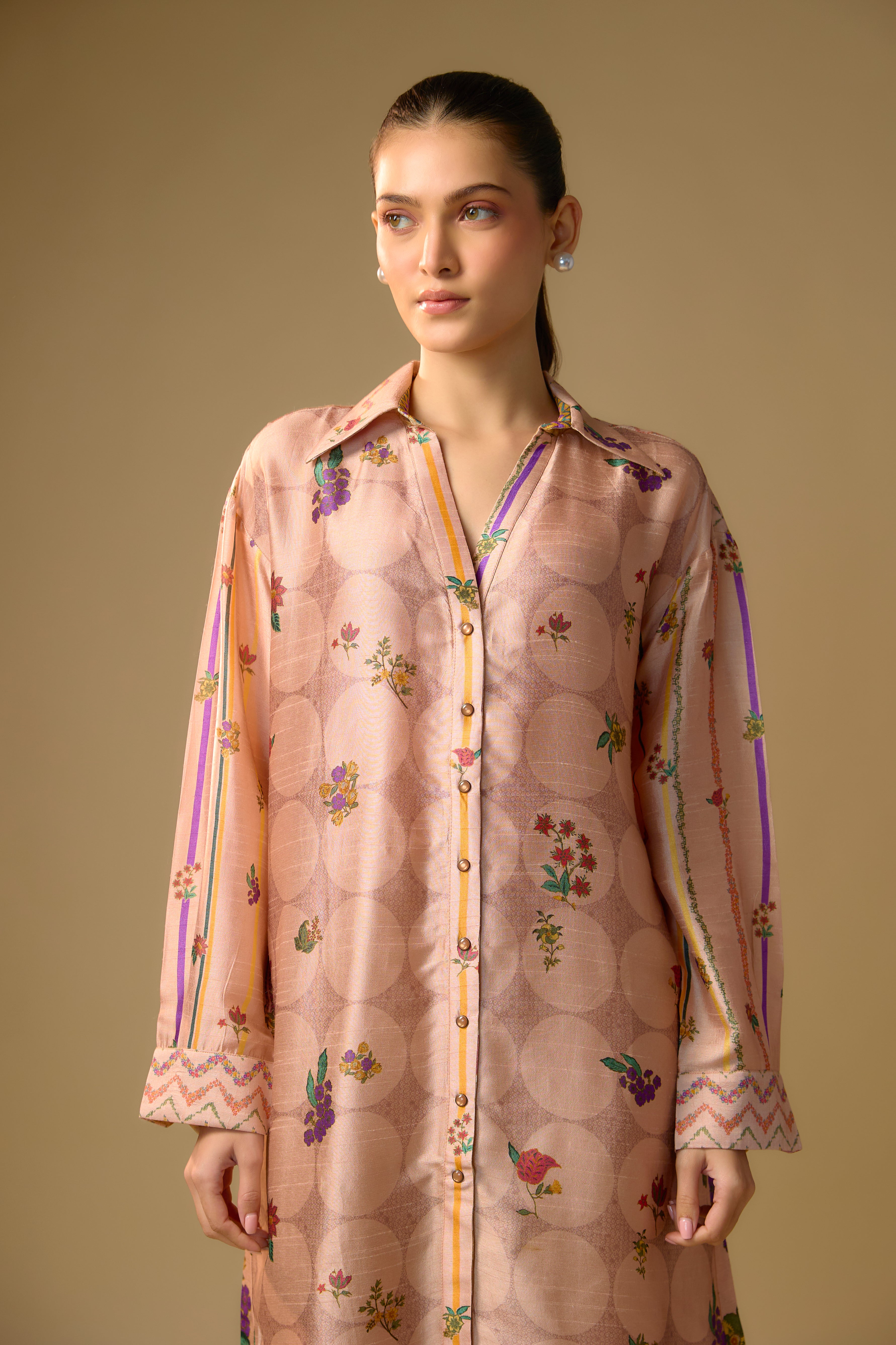 Light Pink Printed Slub Cotton Silk Tunic Top