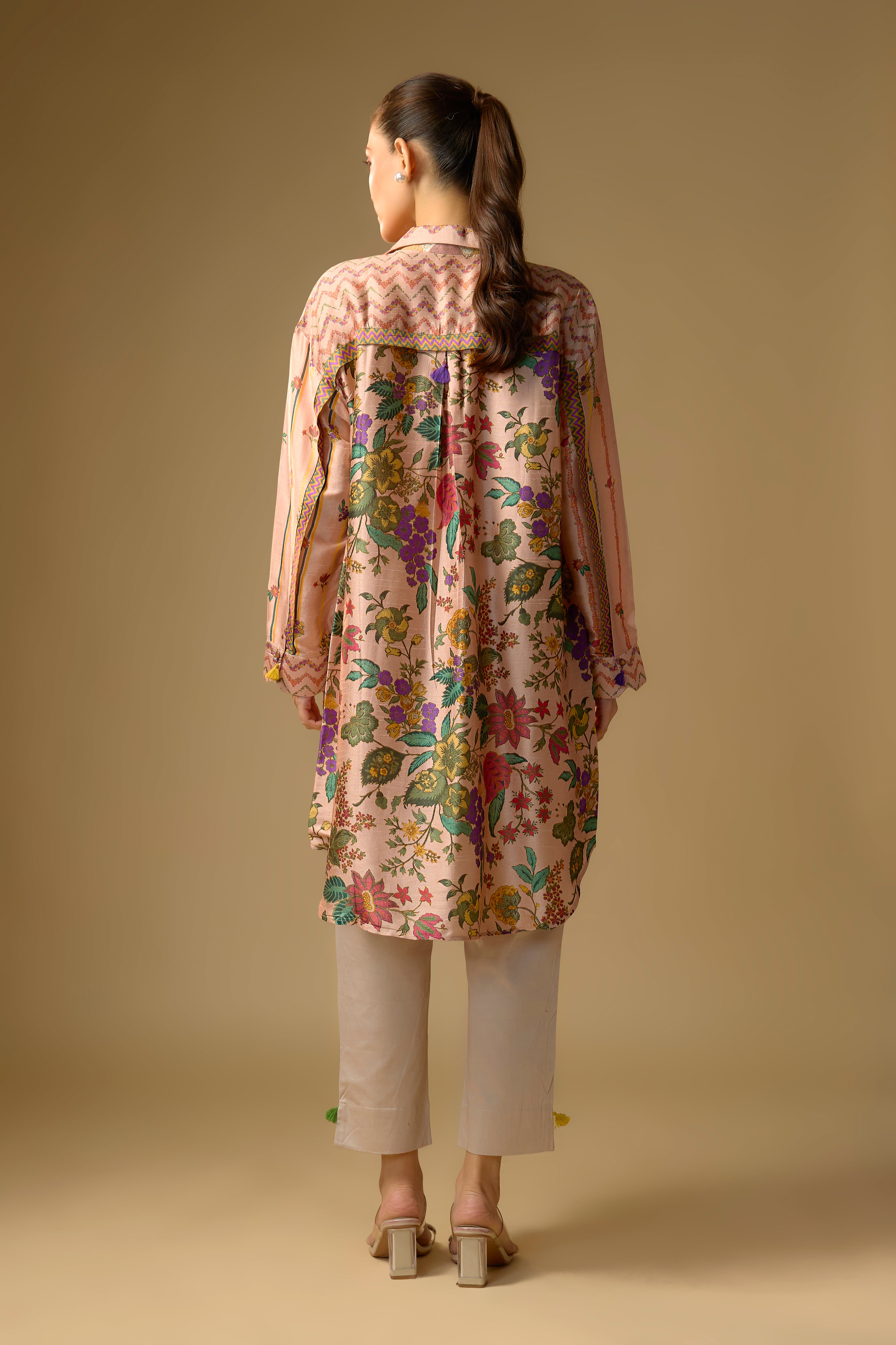 Light Pink Printed Slub Cotton Silk Tunic Top