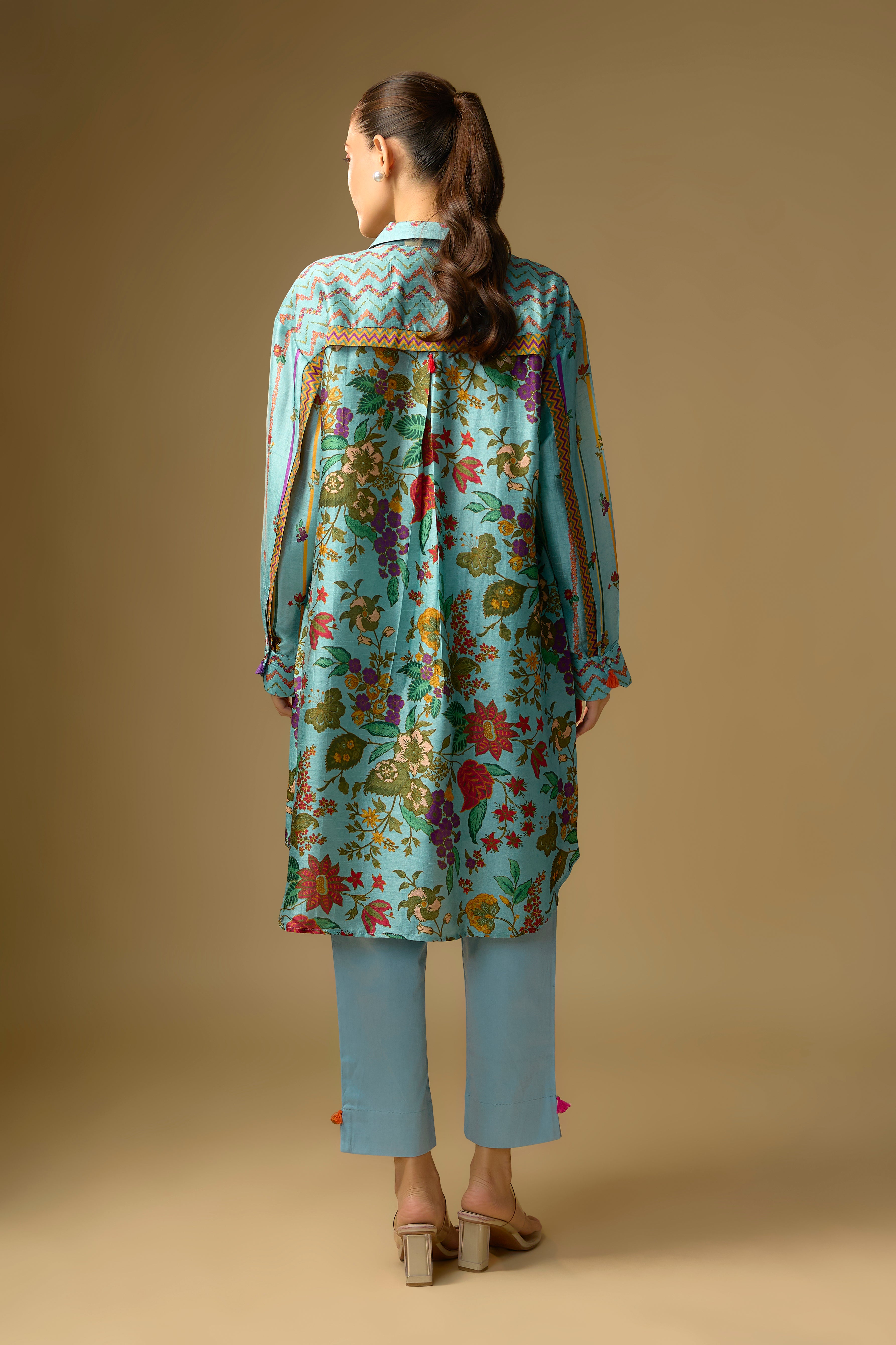 Sky Blue Printed Slub Cotton Silk Tunic Top