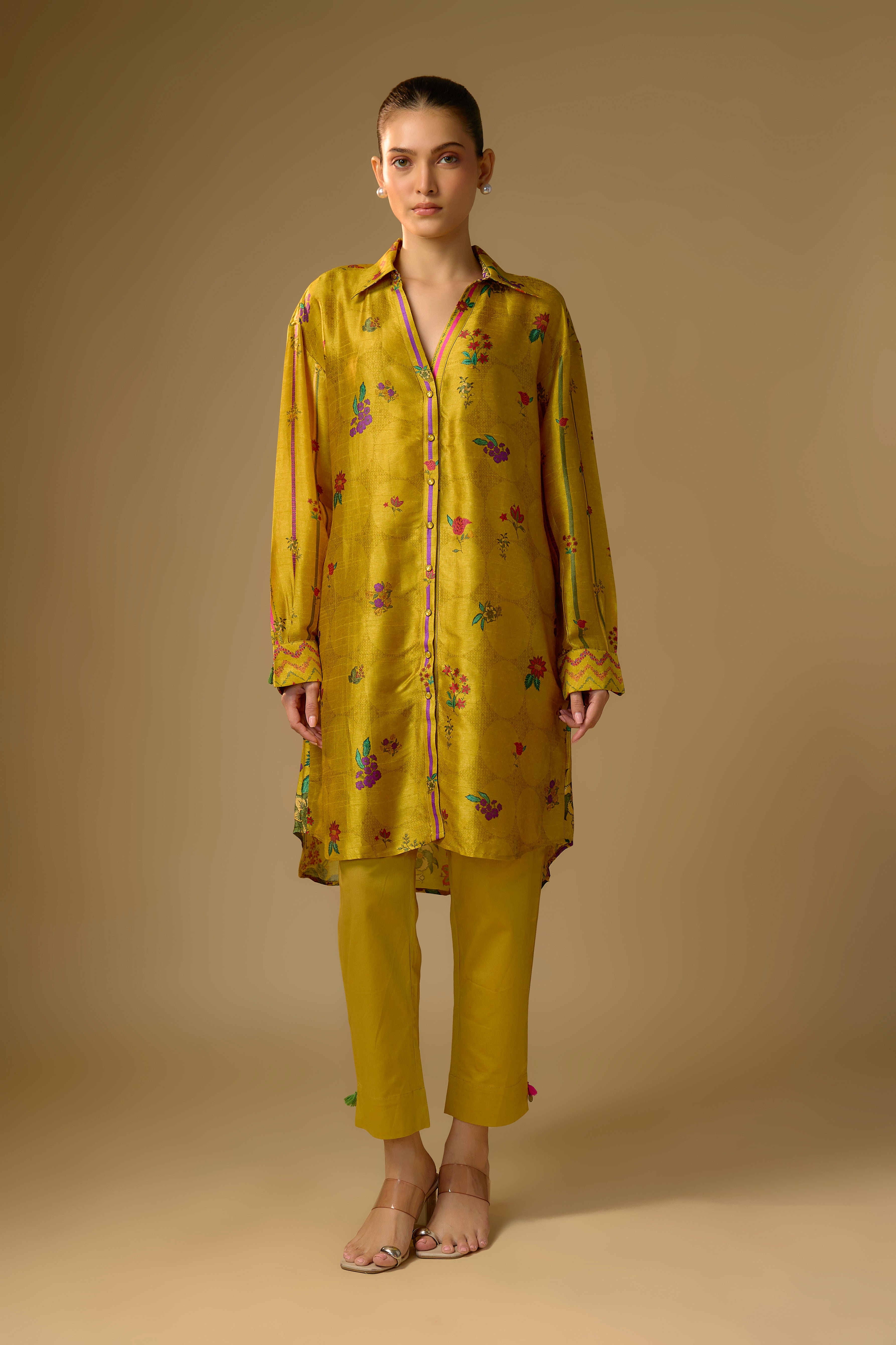 Mustard Yellow Printed Slub Cotton Silk Tunic Top