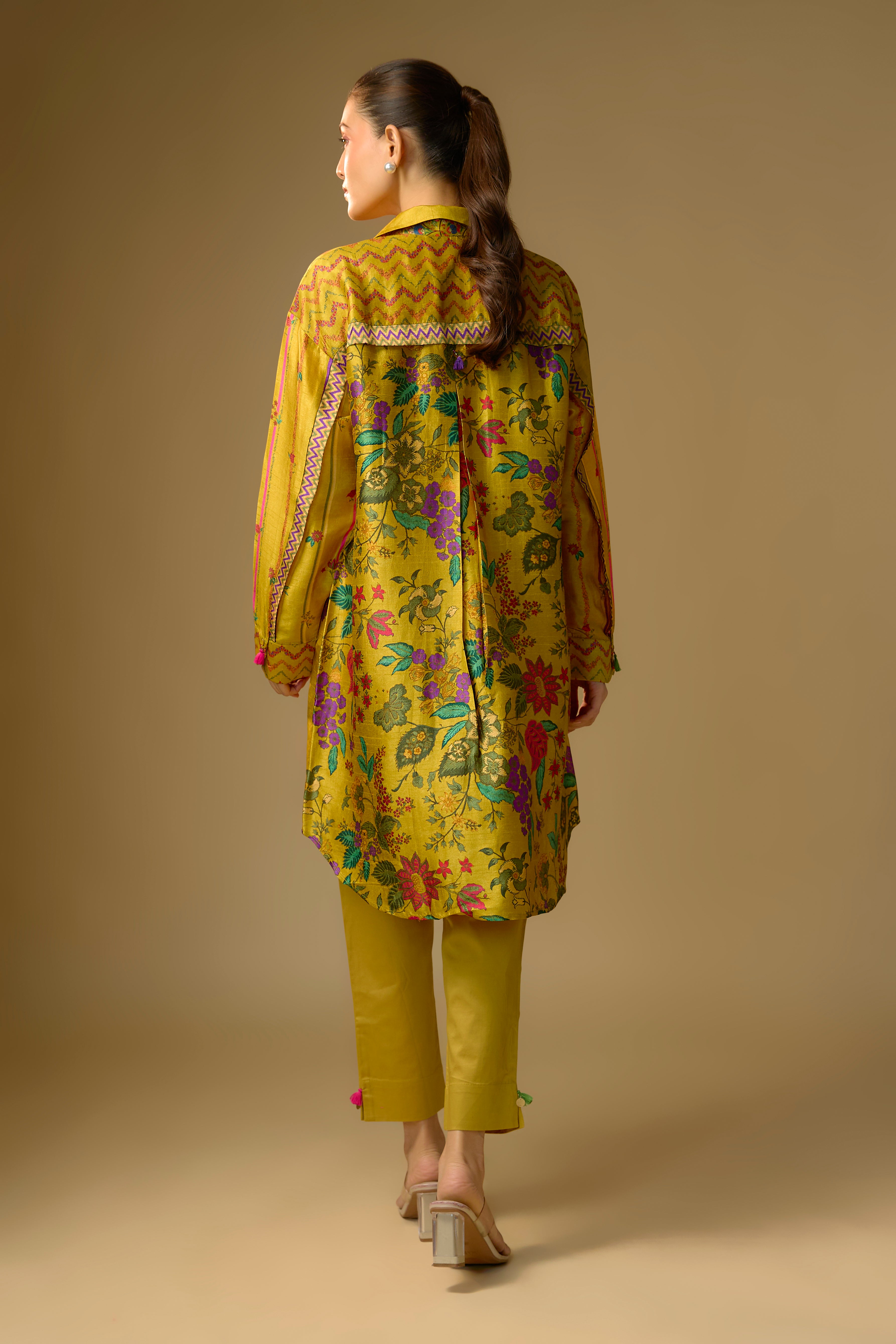 Mustard Yellow Printed Slub Cotton Silk Tunic Top