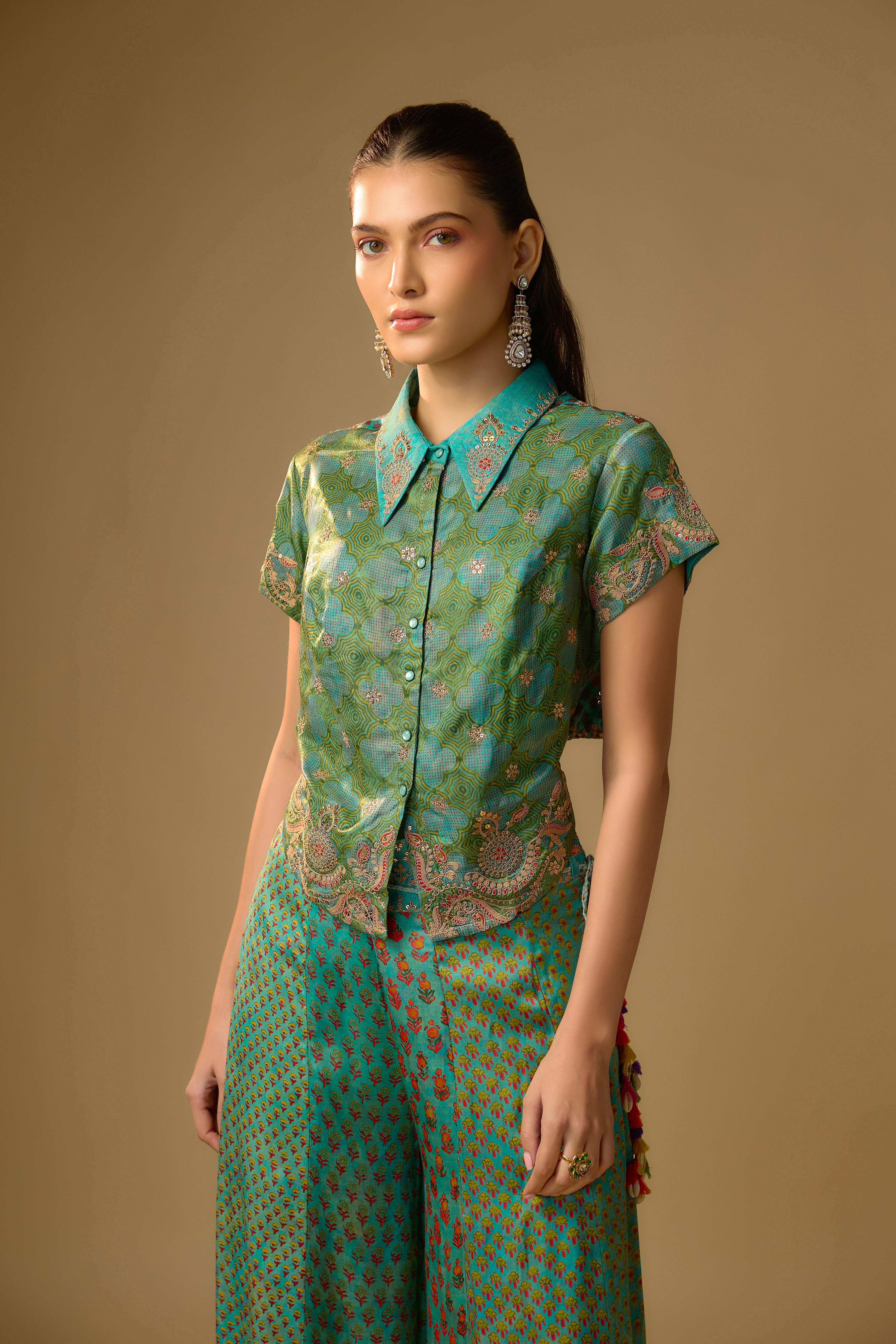 Light Blue Printed Slub Cotton Silk Tunic Co-Ord Set