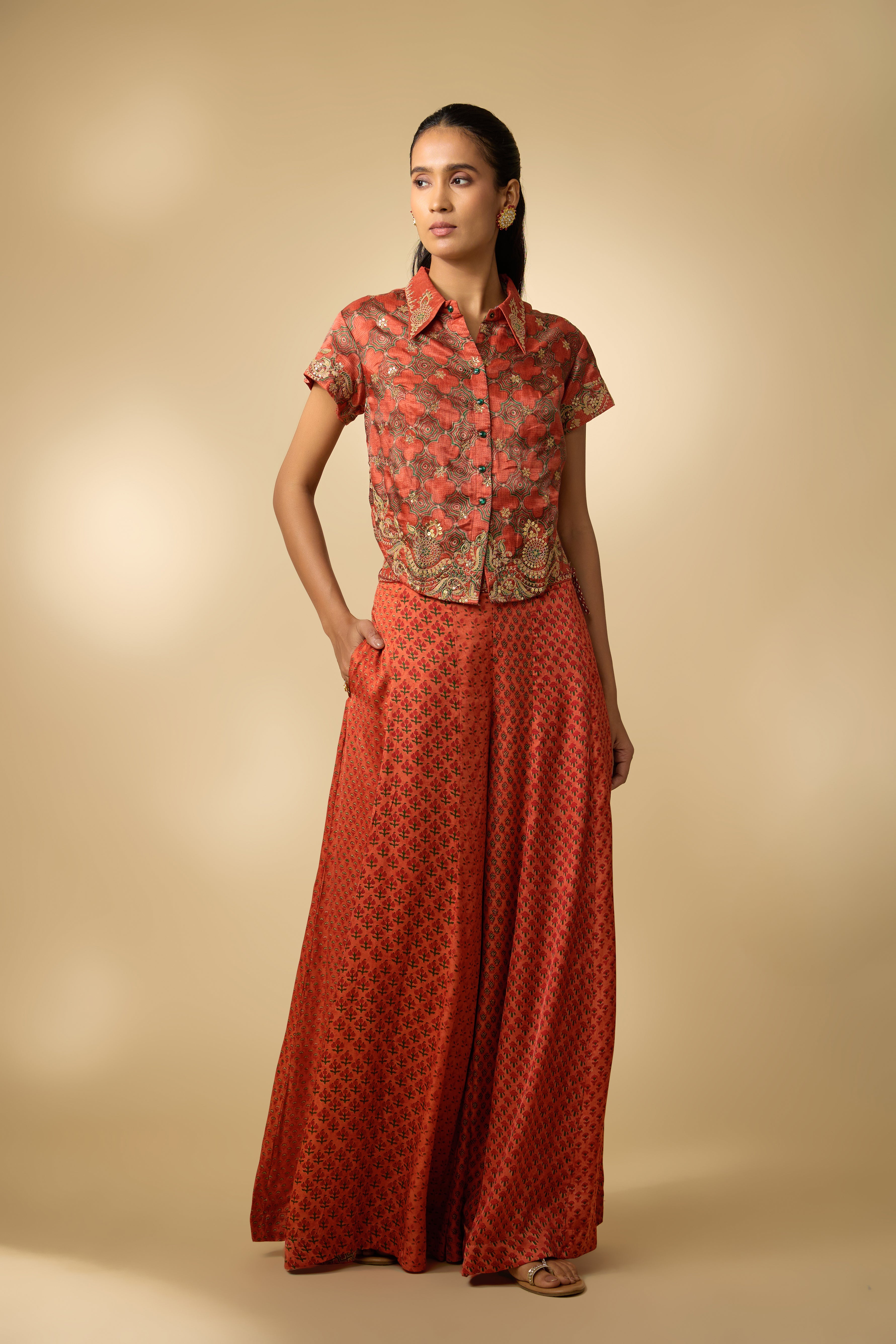 Orange Printed Slub Cotton Silk Tunic Co-Ord Set
