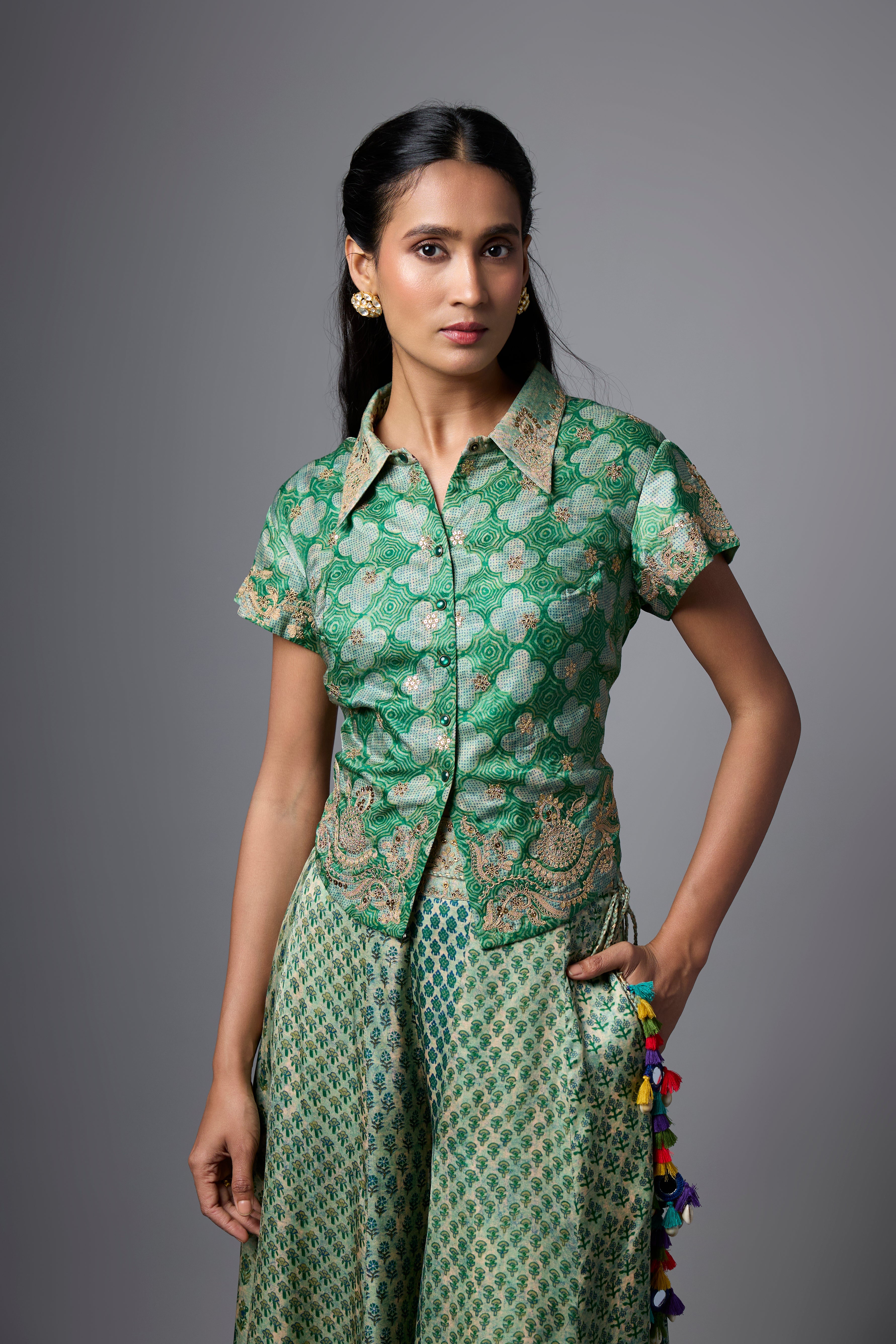 Pista Green Printed Slub Cotton Silk Tunic Co-Ord Set