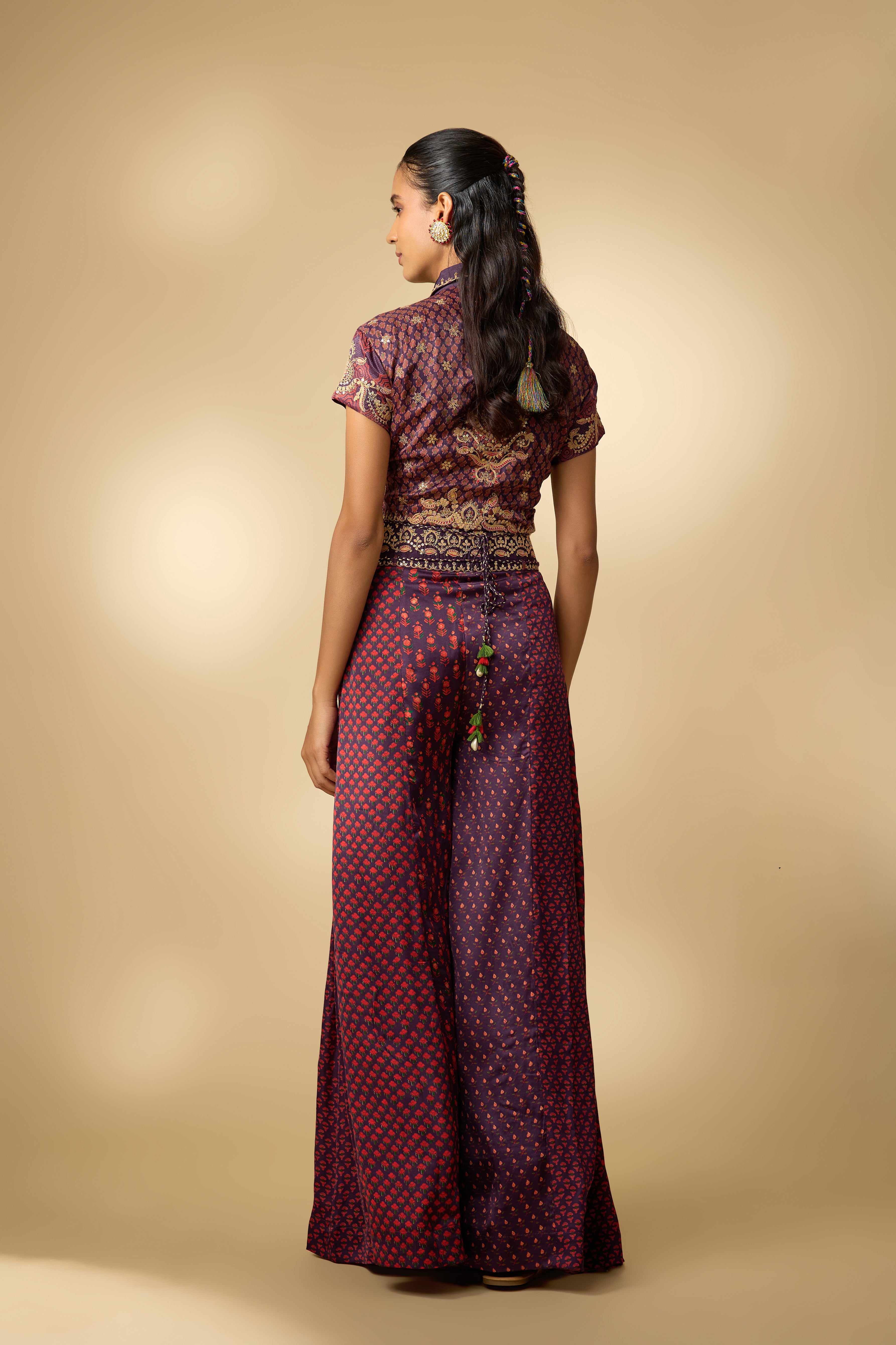 Purple Printed Slub Cotton Silk Tunic Co-Ord Set