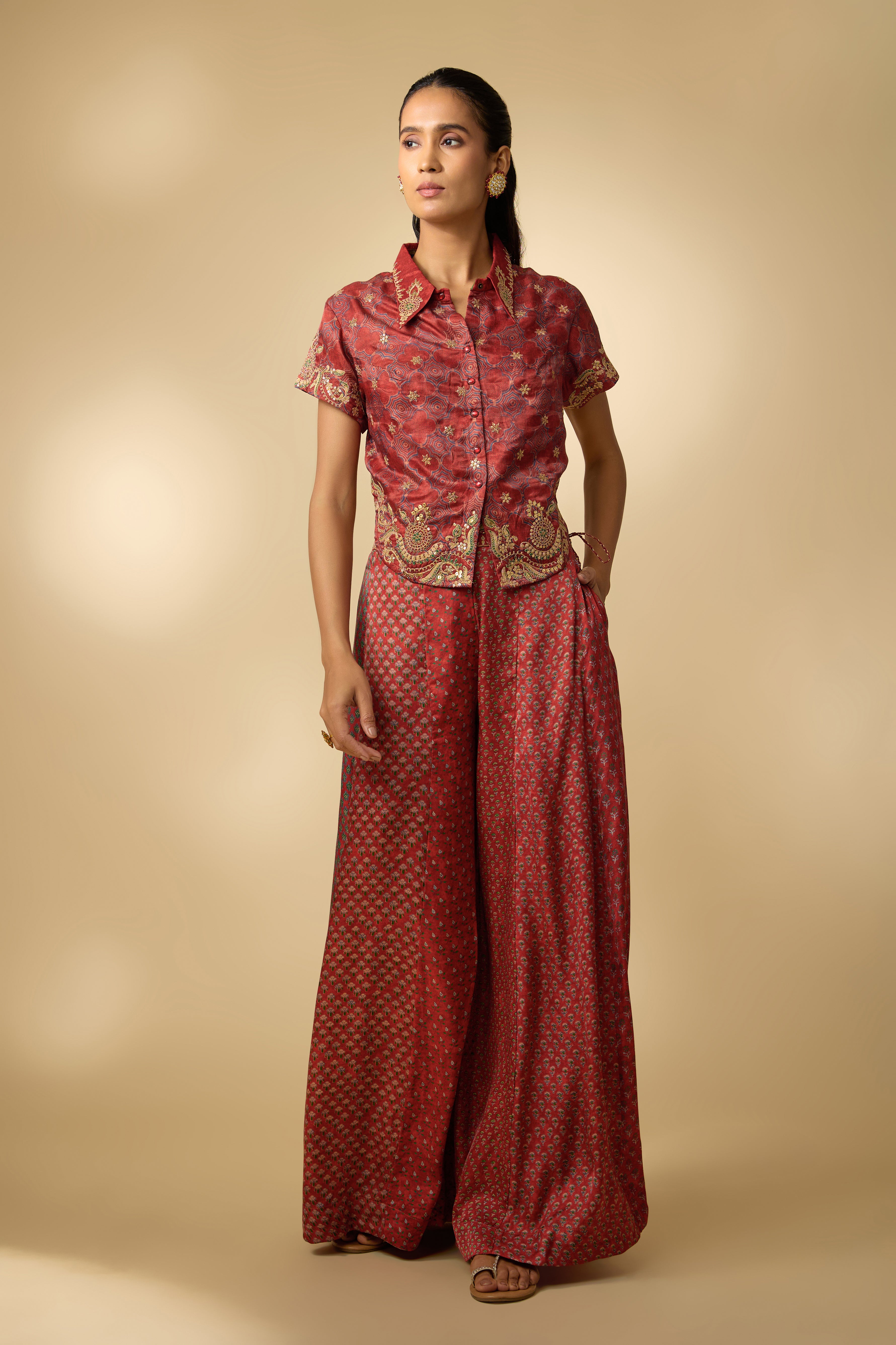 Red Printed Slub Cotton Silk Tunic Co-Ord Set
