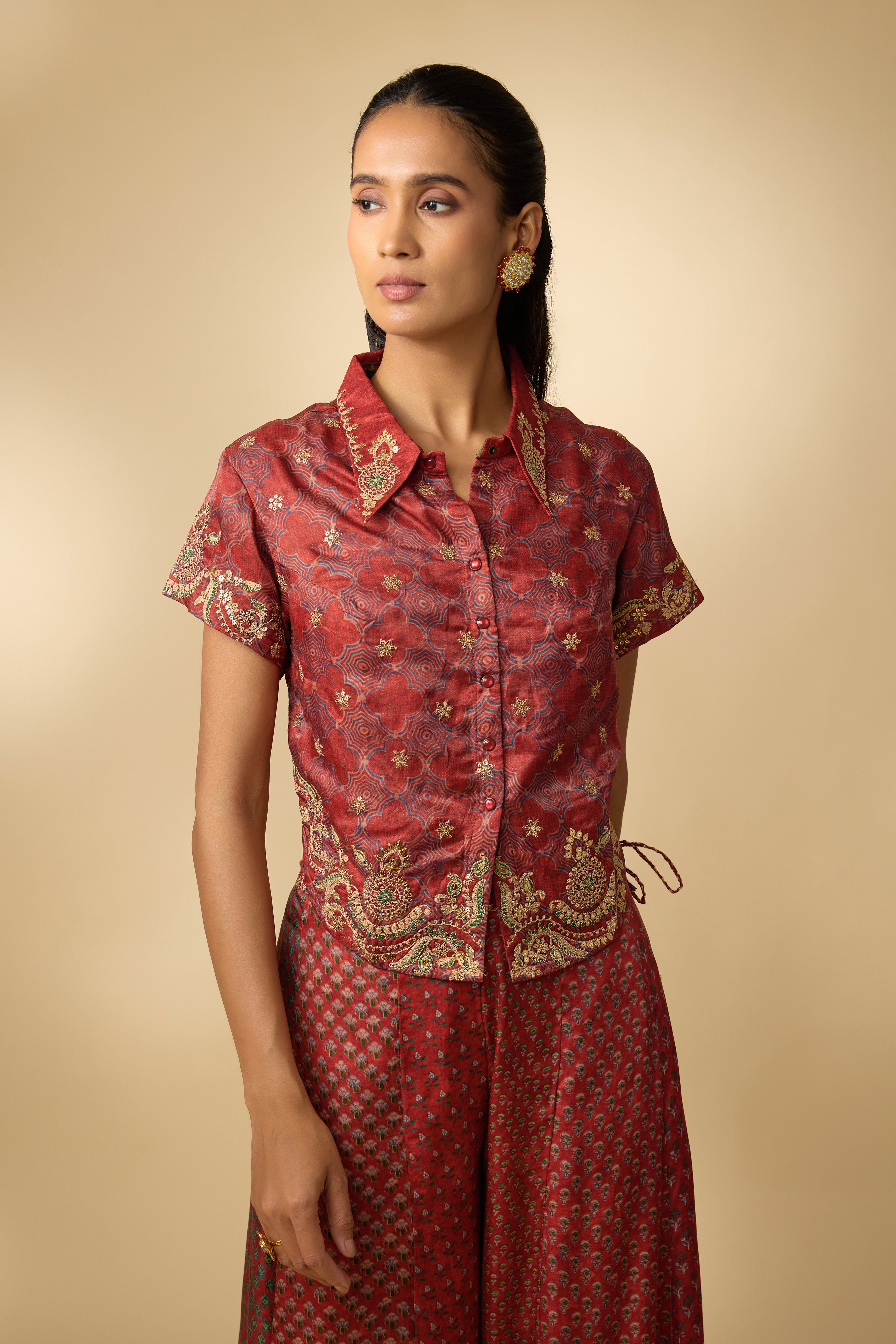 Red Printed Slub Cotton Silk Tunic Co-Ord Set