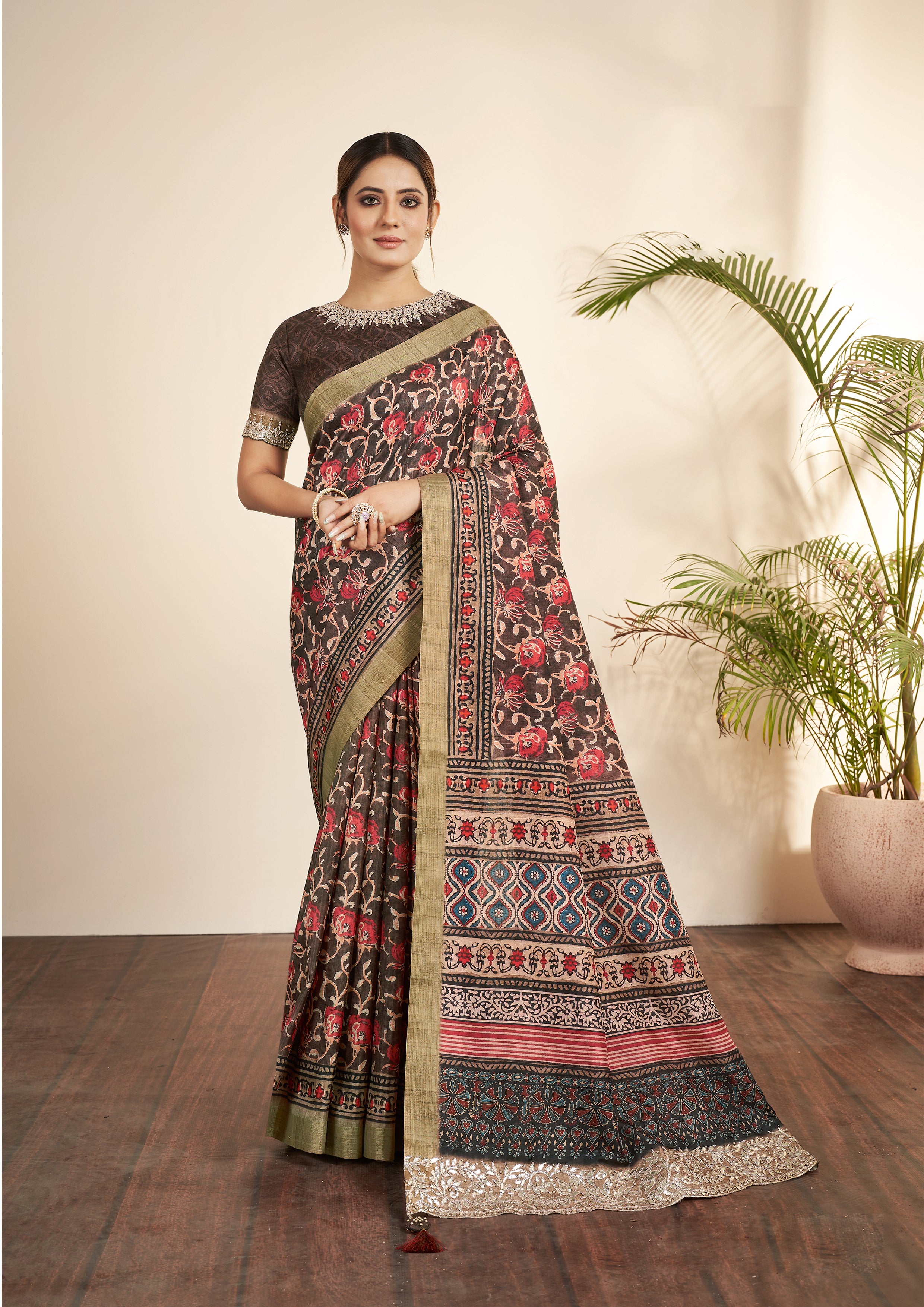 Coffee Brown Printed Tussar Silk Saree