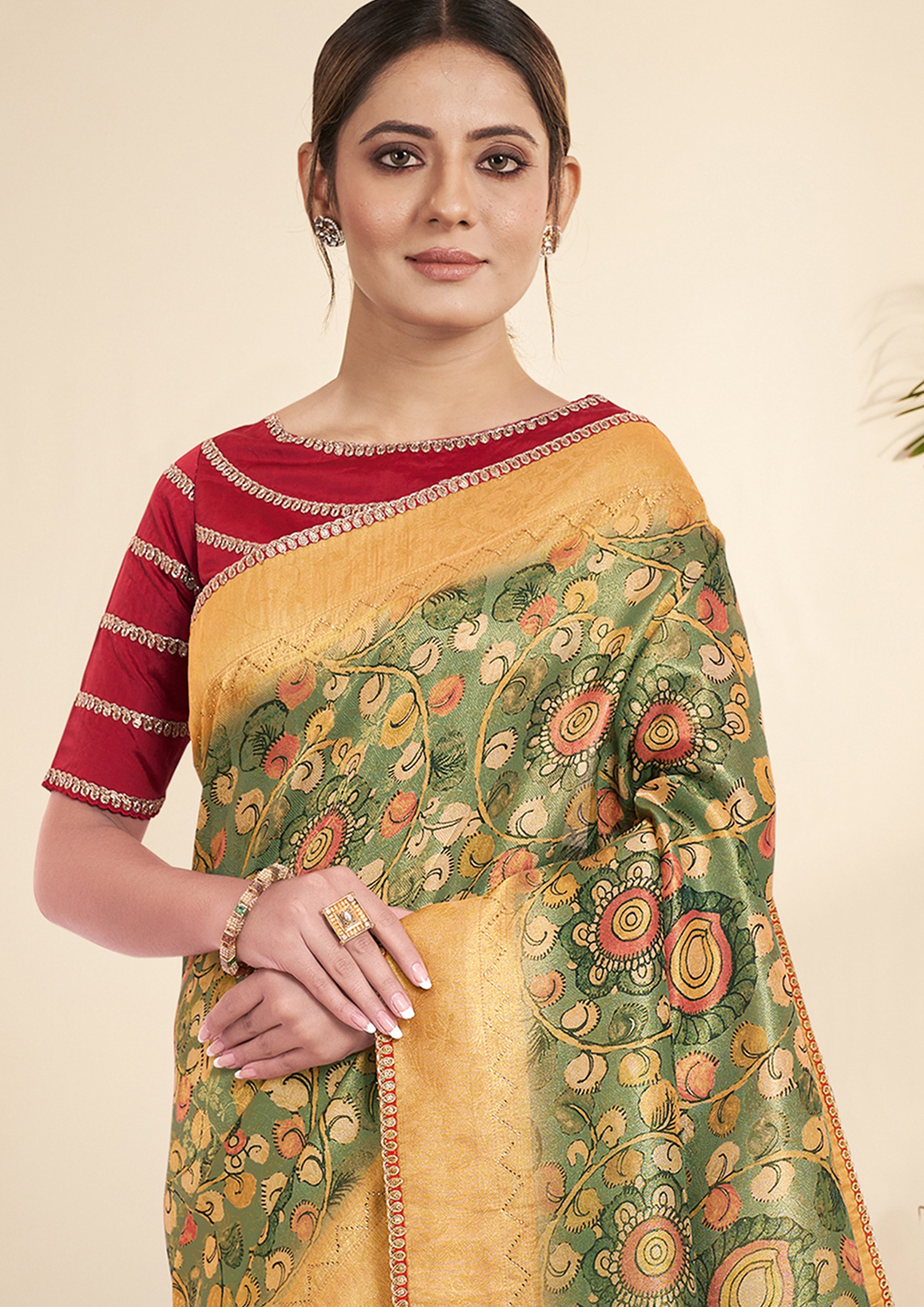 Green & Ochre Printed Tissue Silk Saree