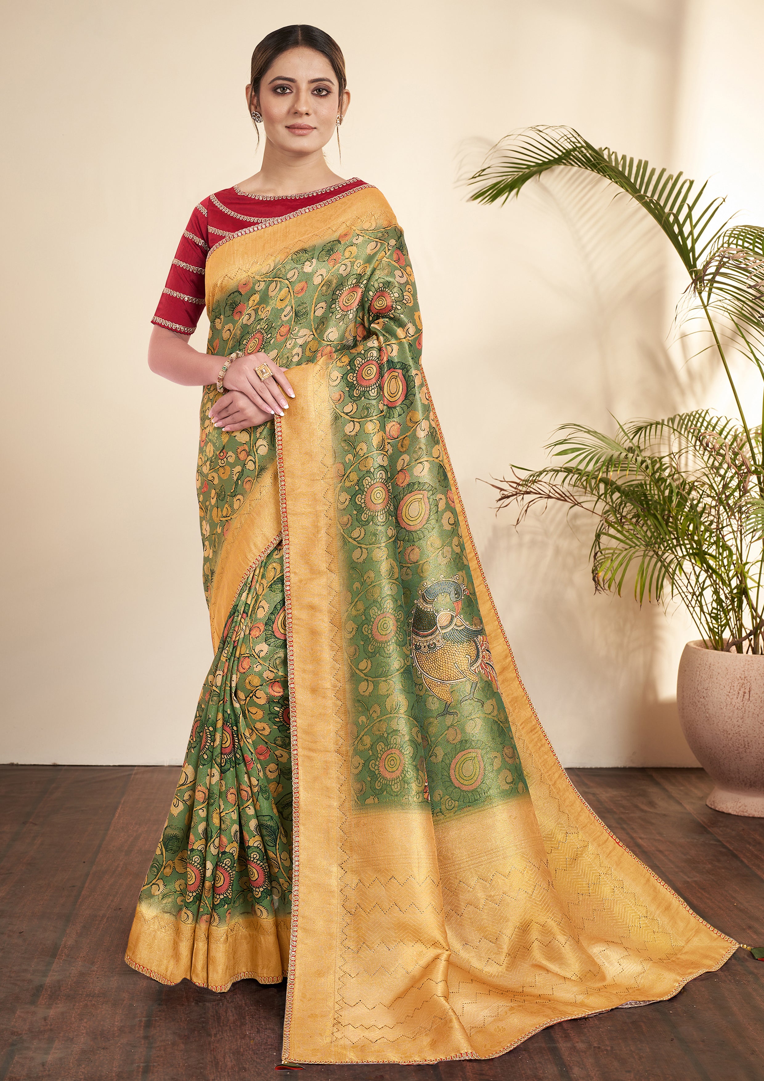 Green & Ochre Printed Tissue Silk Saree
