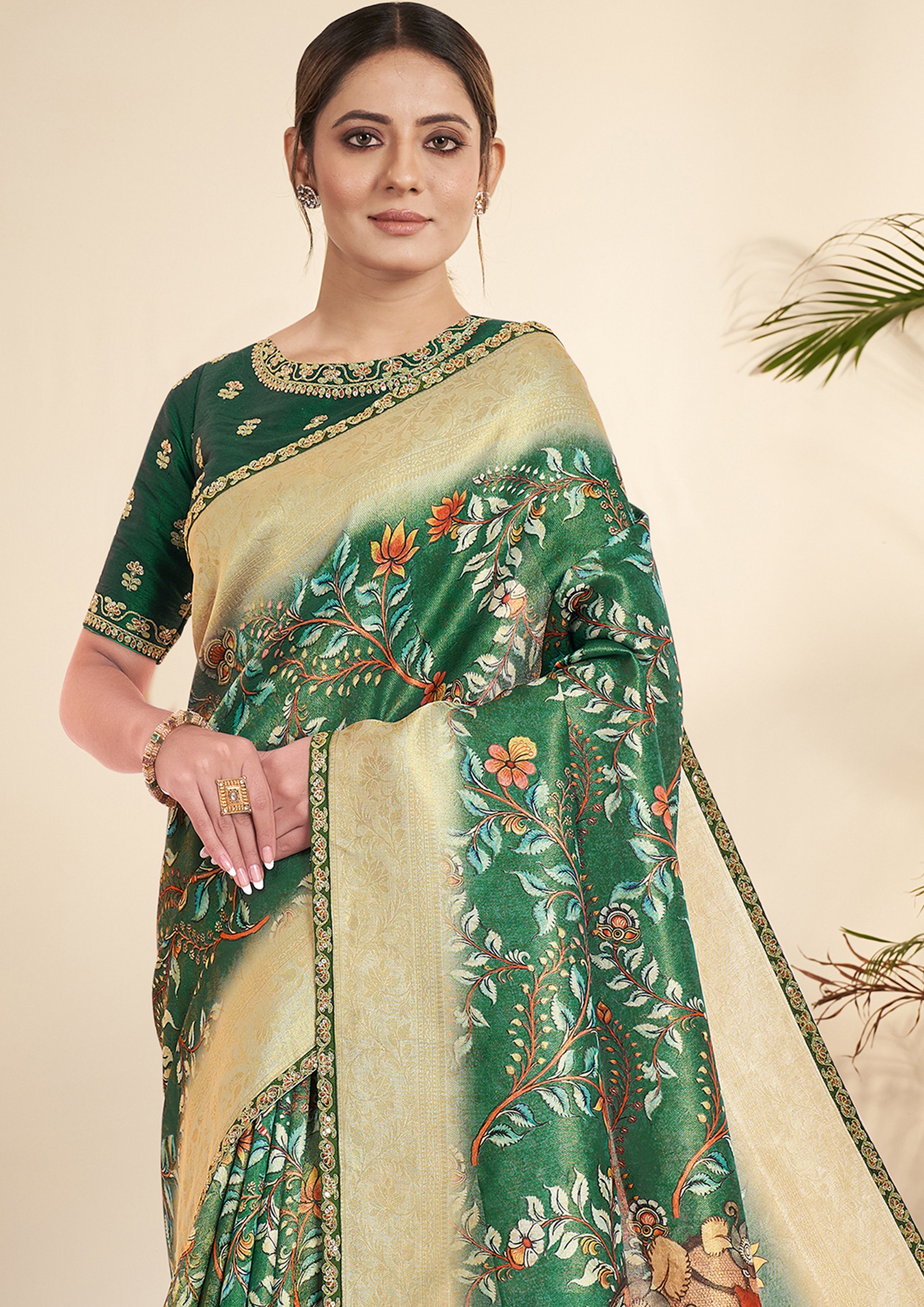Bottle Green Printed Tissue Silk Saree