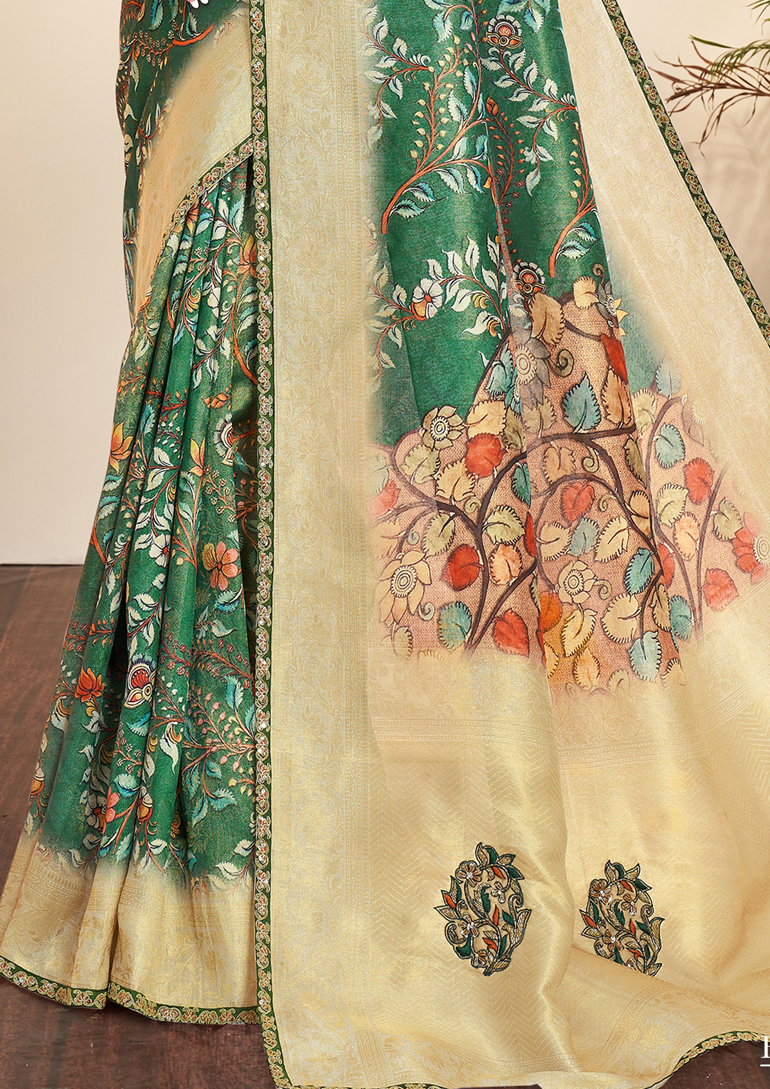 Bottle Green Printed Tissue Silk Saree
