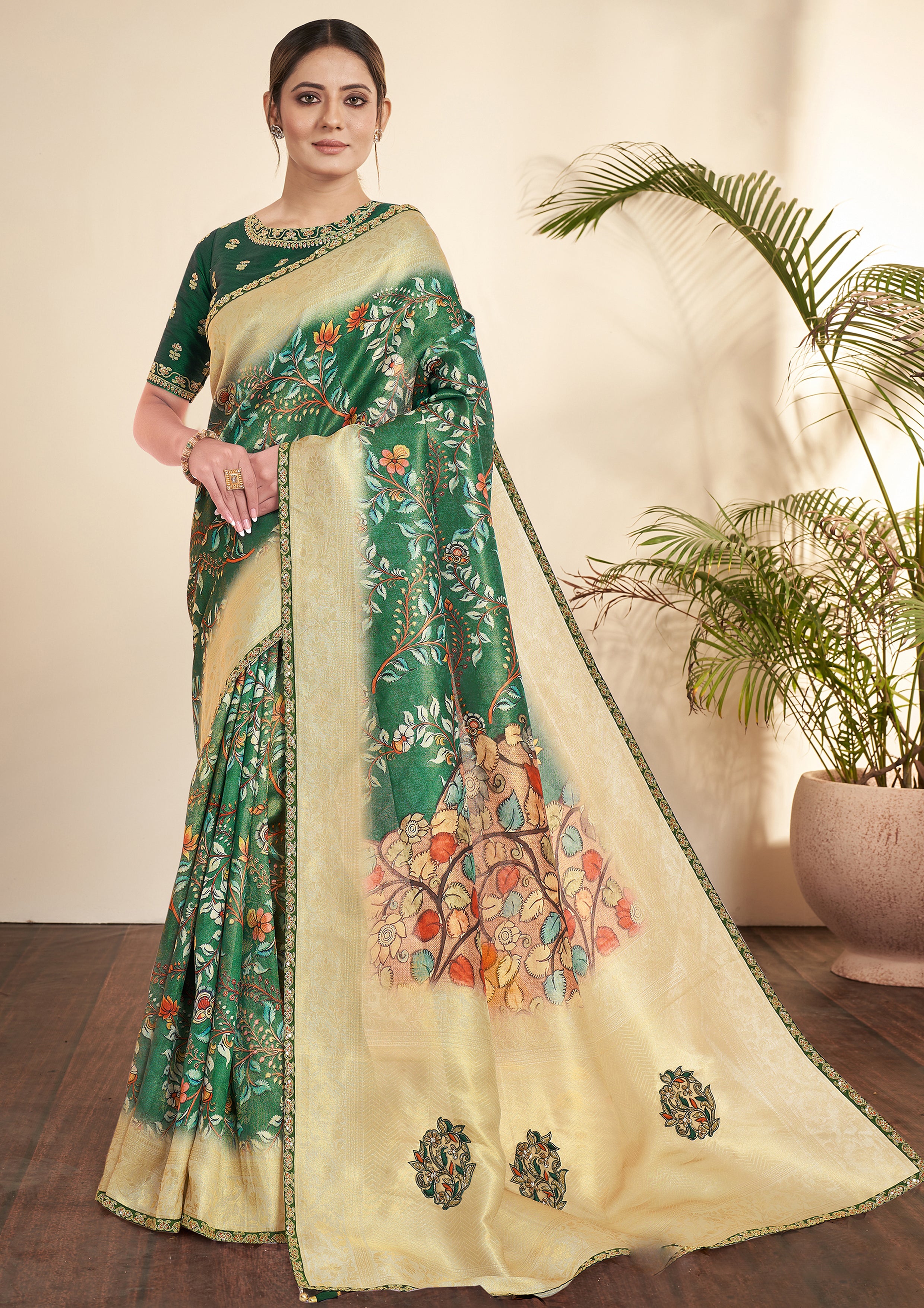 Bottle Green Printed Tissue Silk Saree