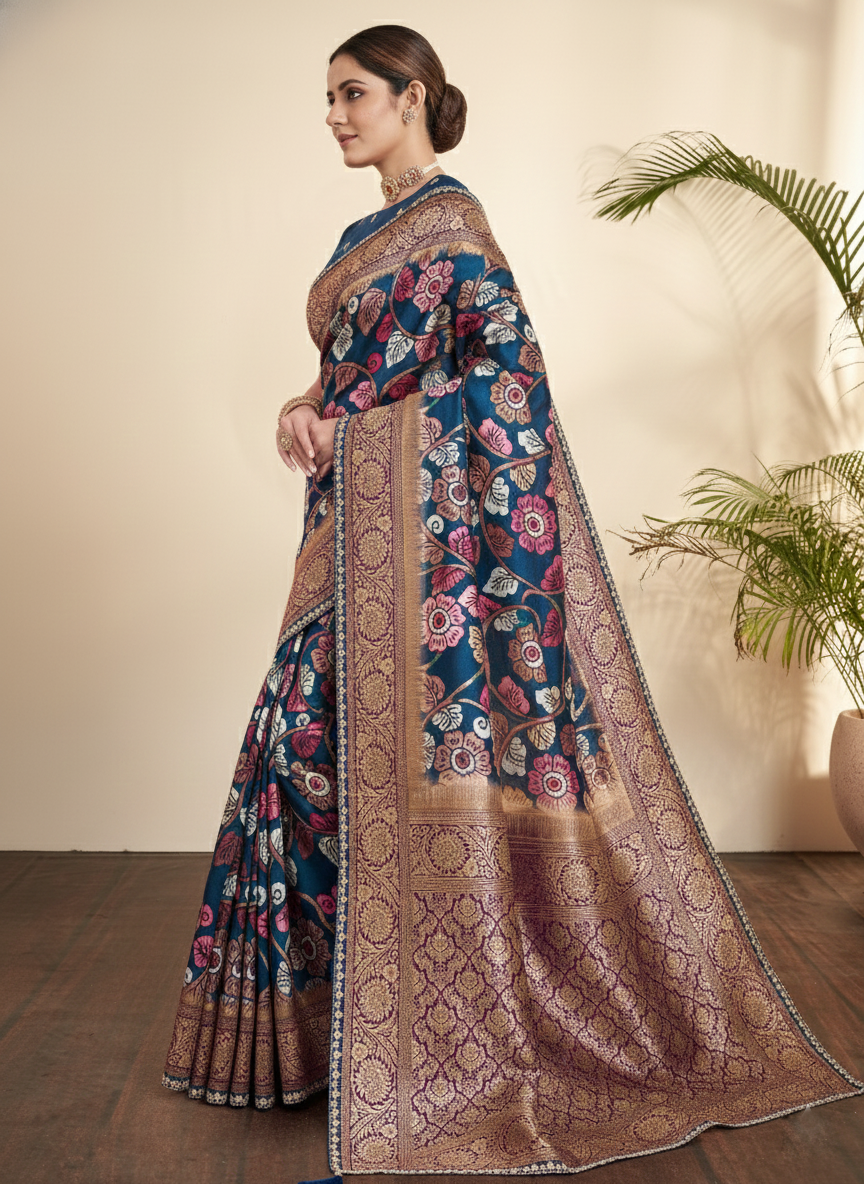 Midnight Blue Printed Tussar Silk Jacquard Saree