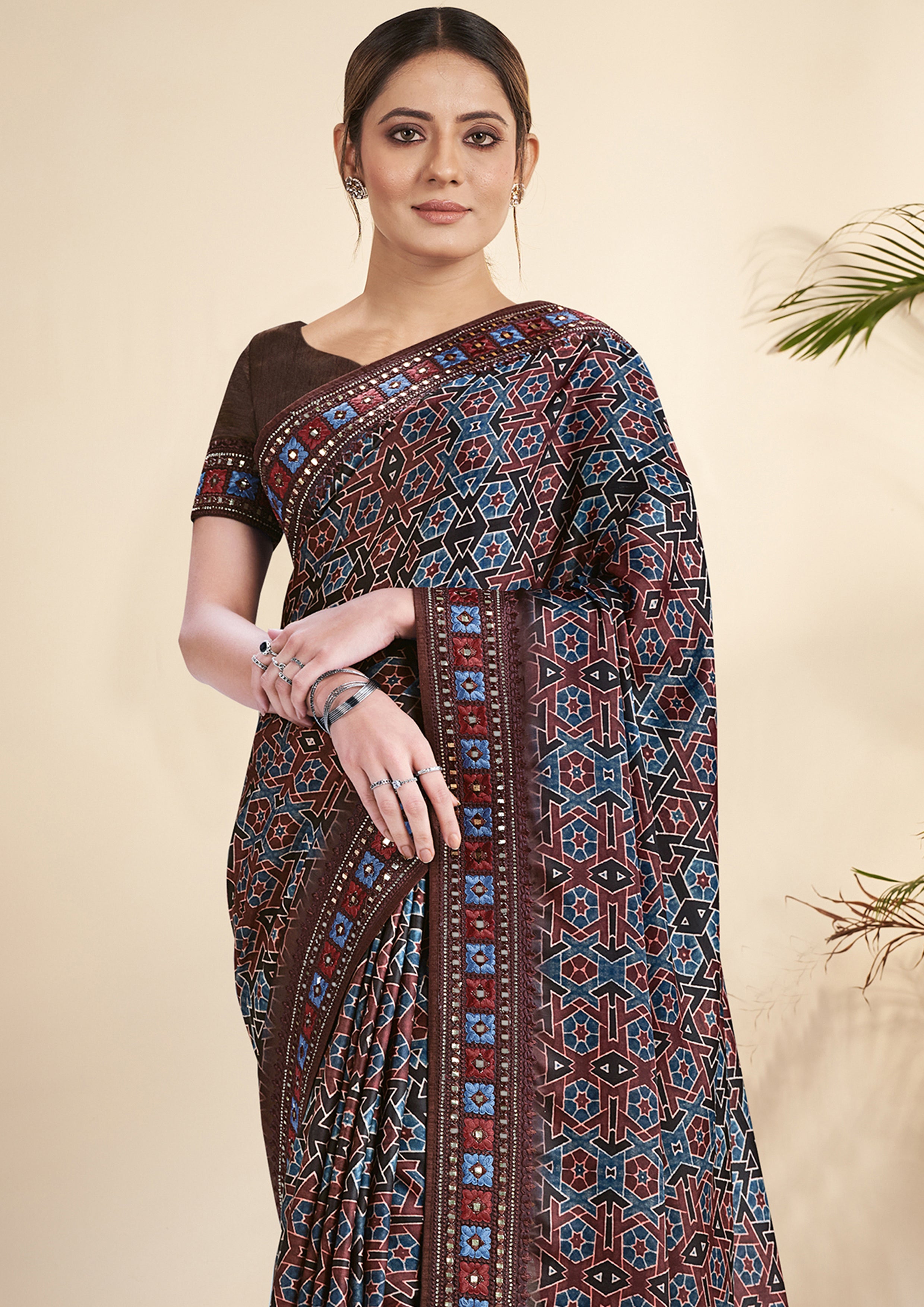 Dark Brown Printed Gajji Silk Saree