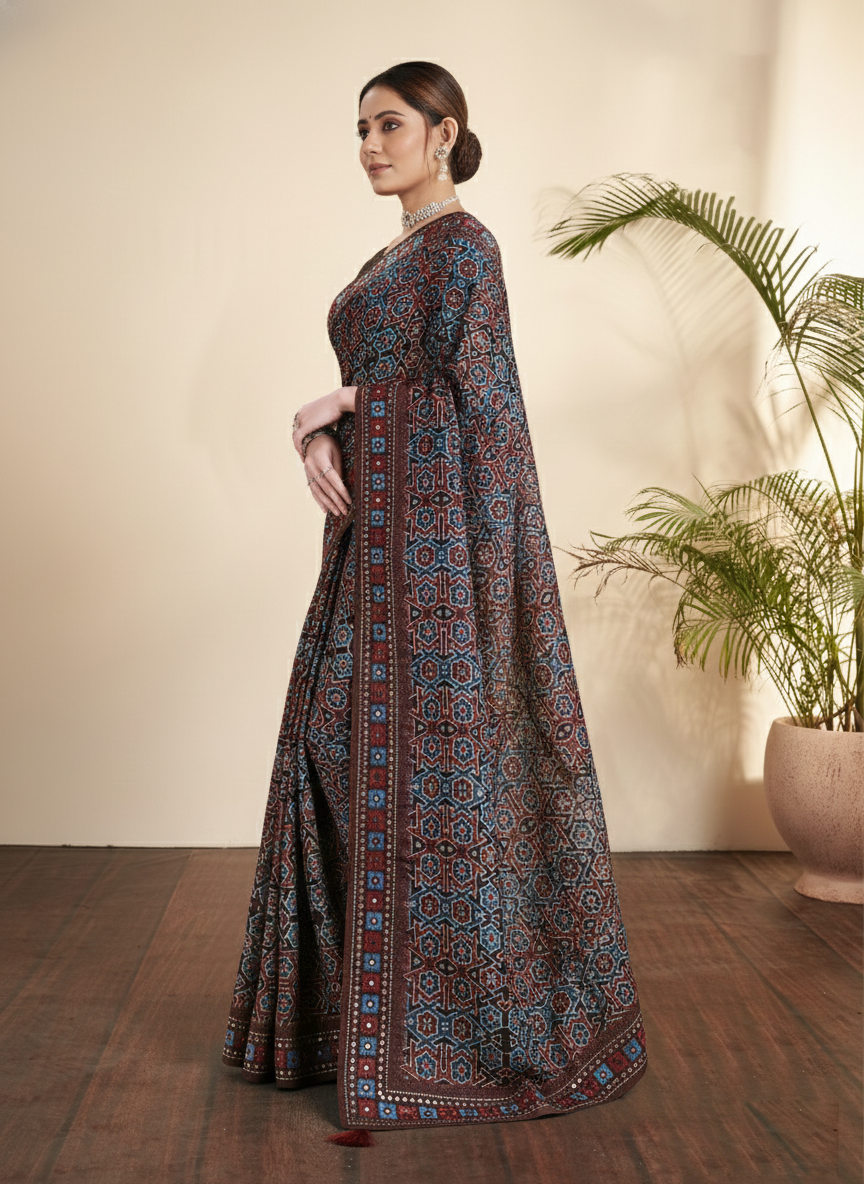 Dark Brown Printed Gajji Silk Saree