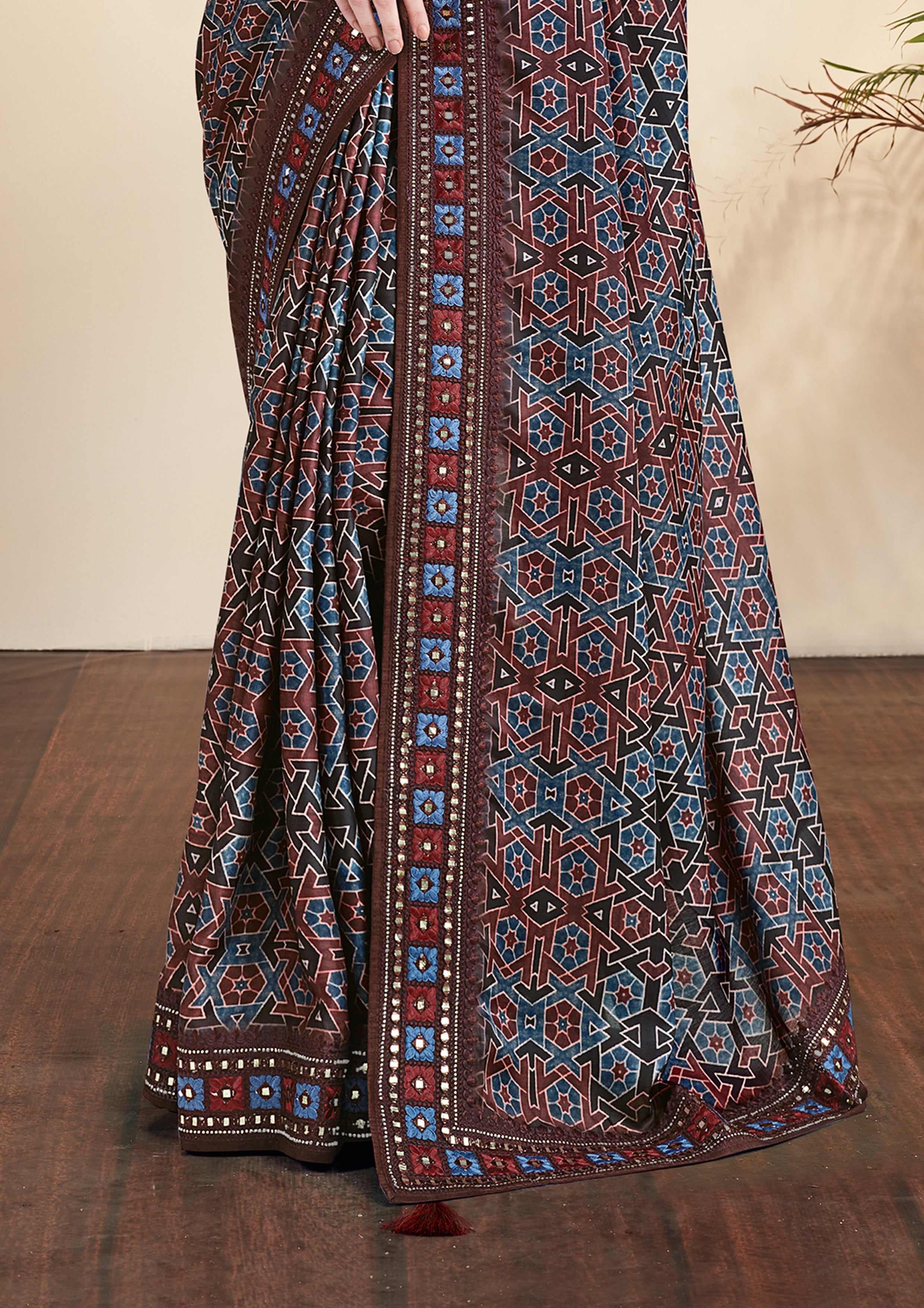 Dark Brown Printed Gajji Silk Saree