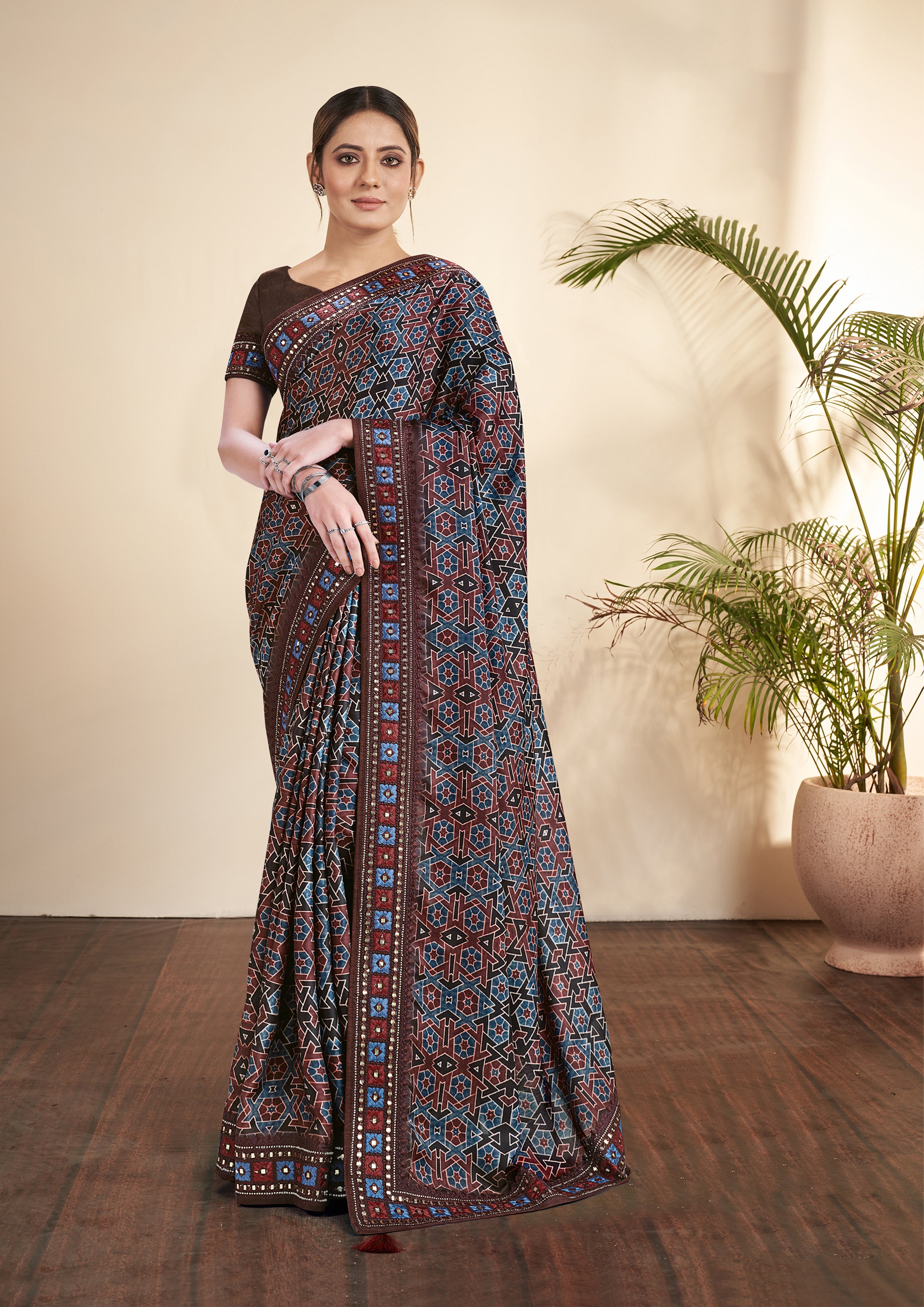 Dark Brown Printed Gajji Silk Saree