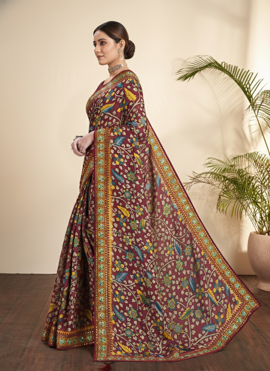 Royal Maroon Printed Gajji Silk Saree