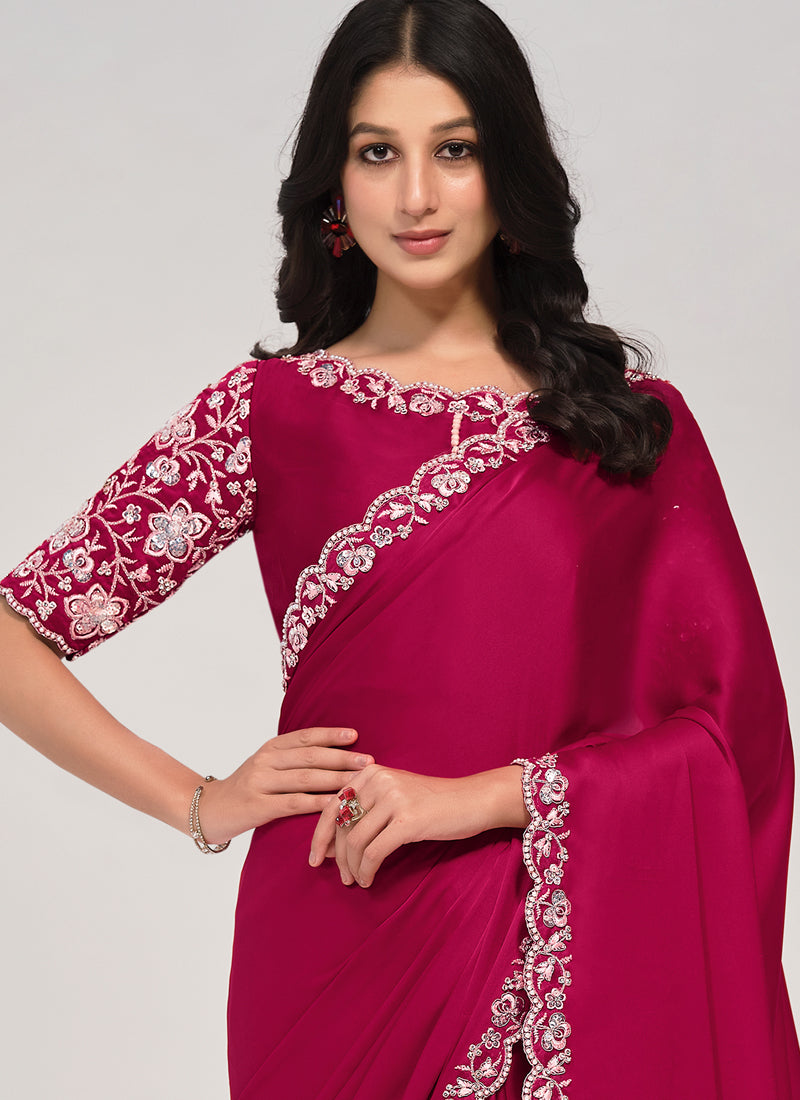 Rani Pink Embellished Crepe Satin Silk Saree