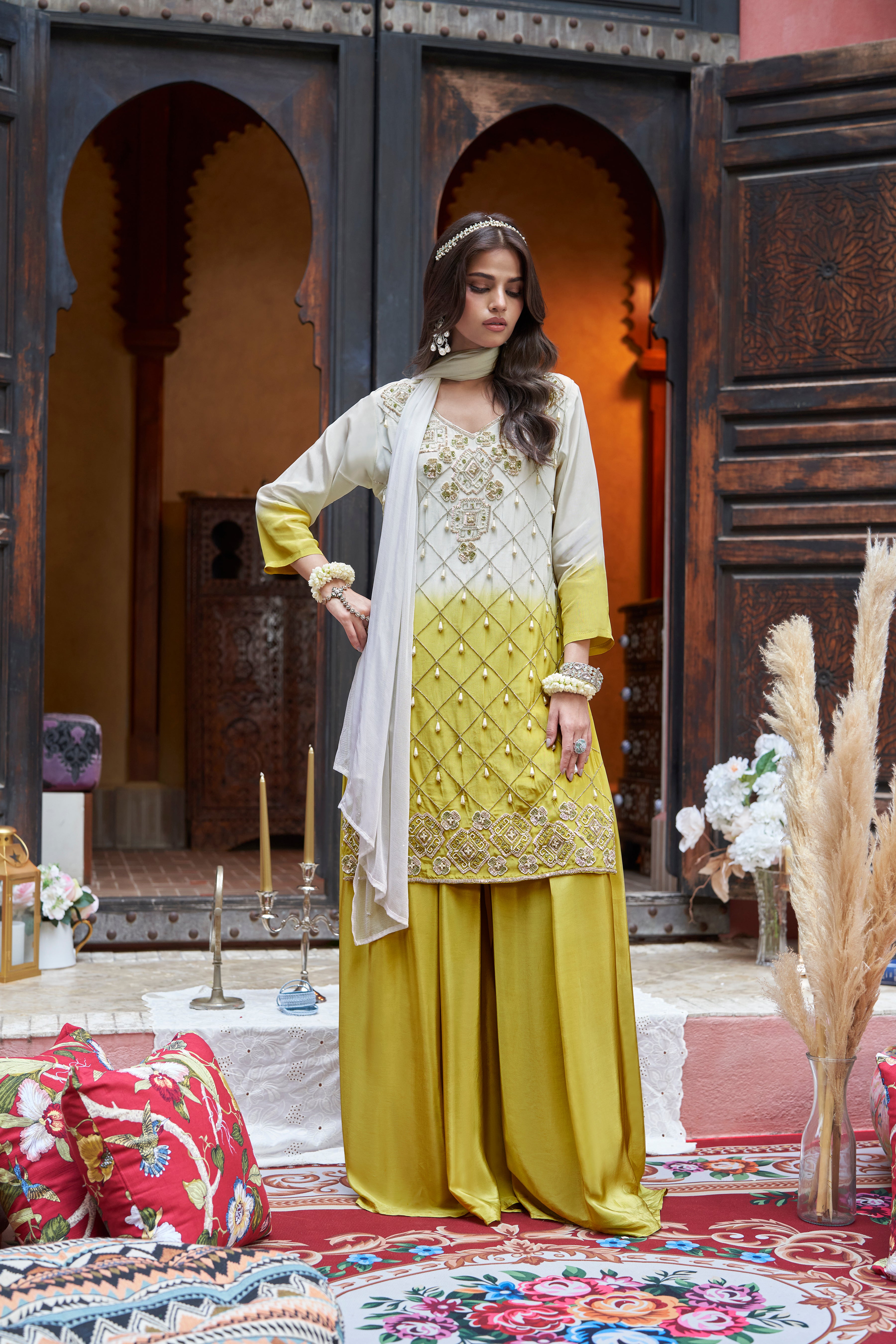 Olive Green Embellished Satin Silk Palazzo Set