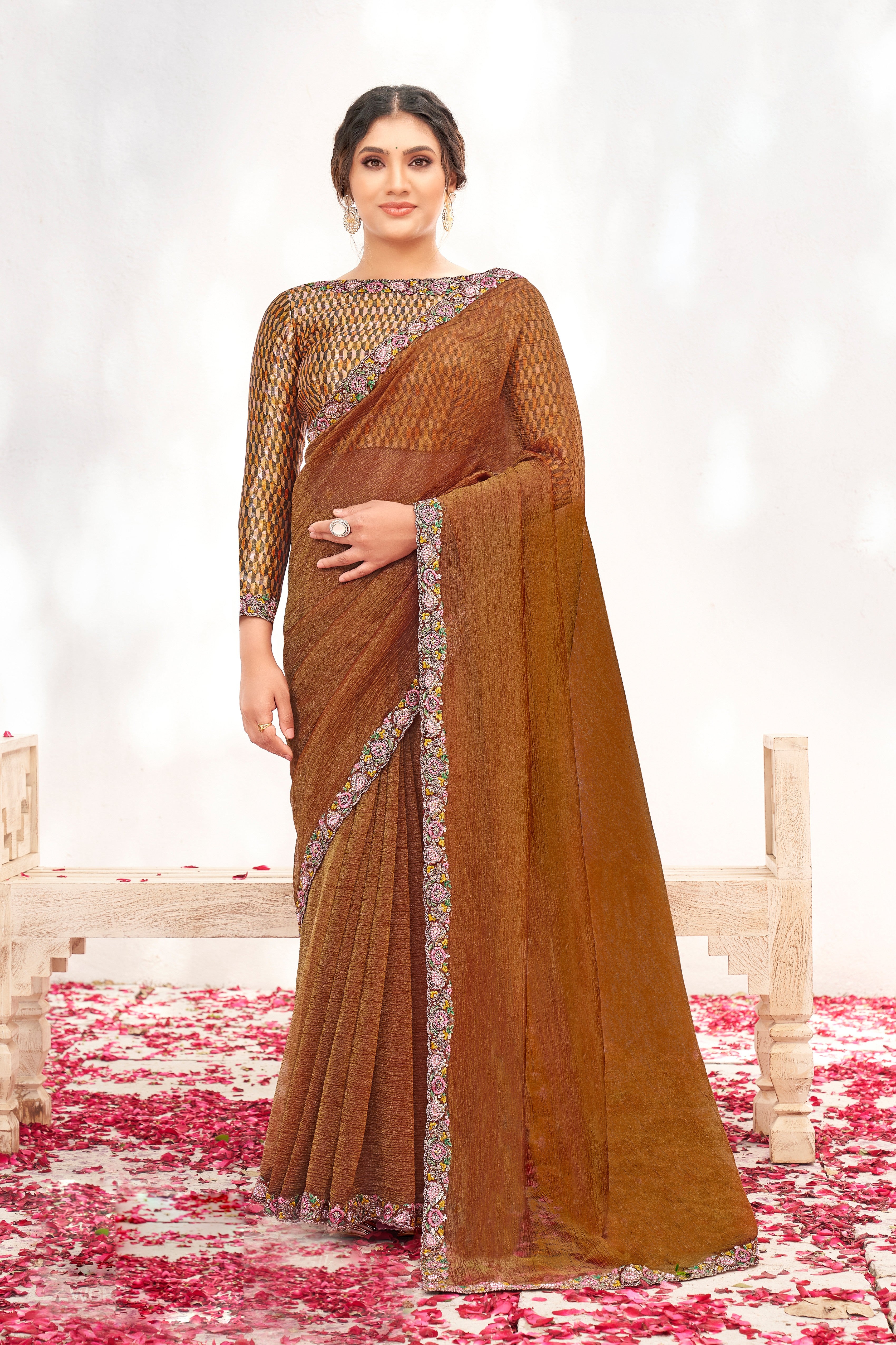 Rust Embellished Crepe Shimmer Silk Saree
