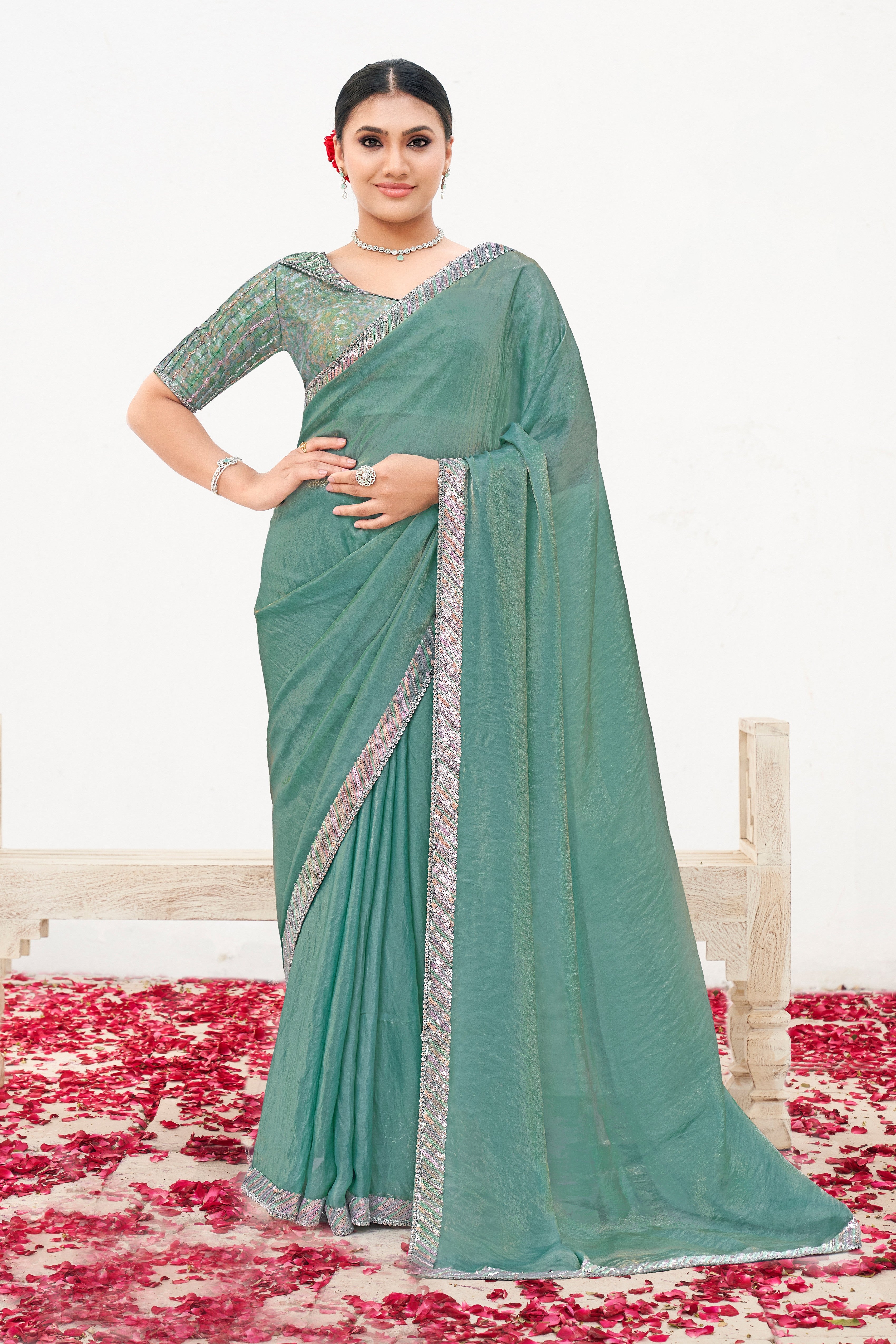 Sea Green Embellished Crepe Shimmer Silk Saree