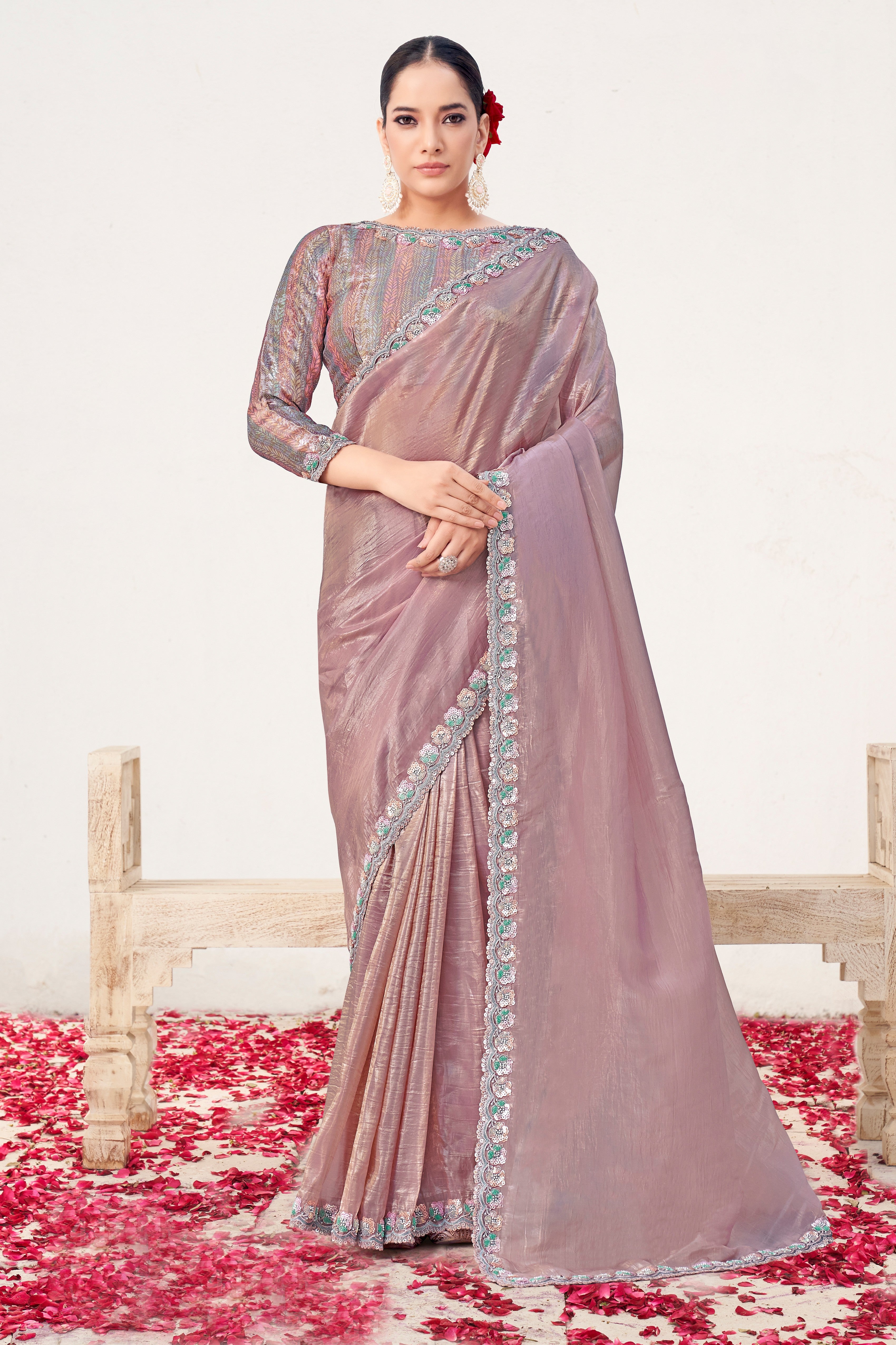 Light Lilac Embellished Crush Paper Silk Saree