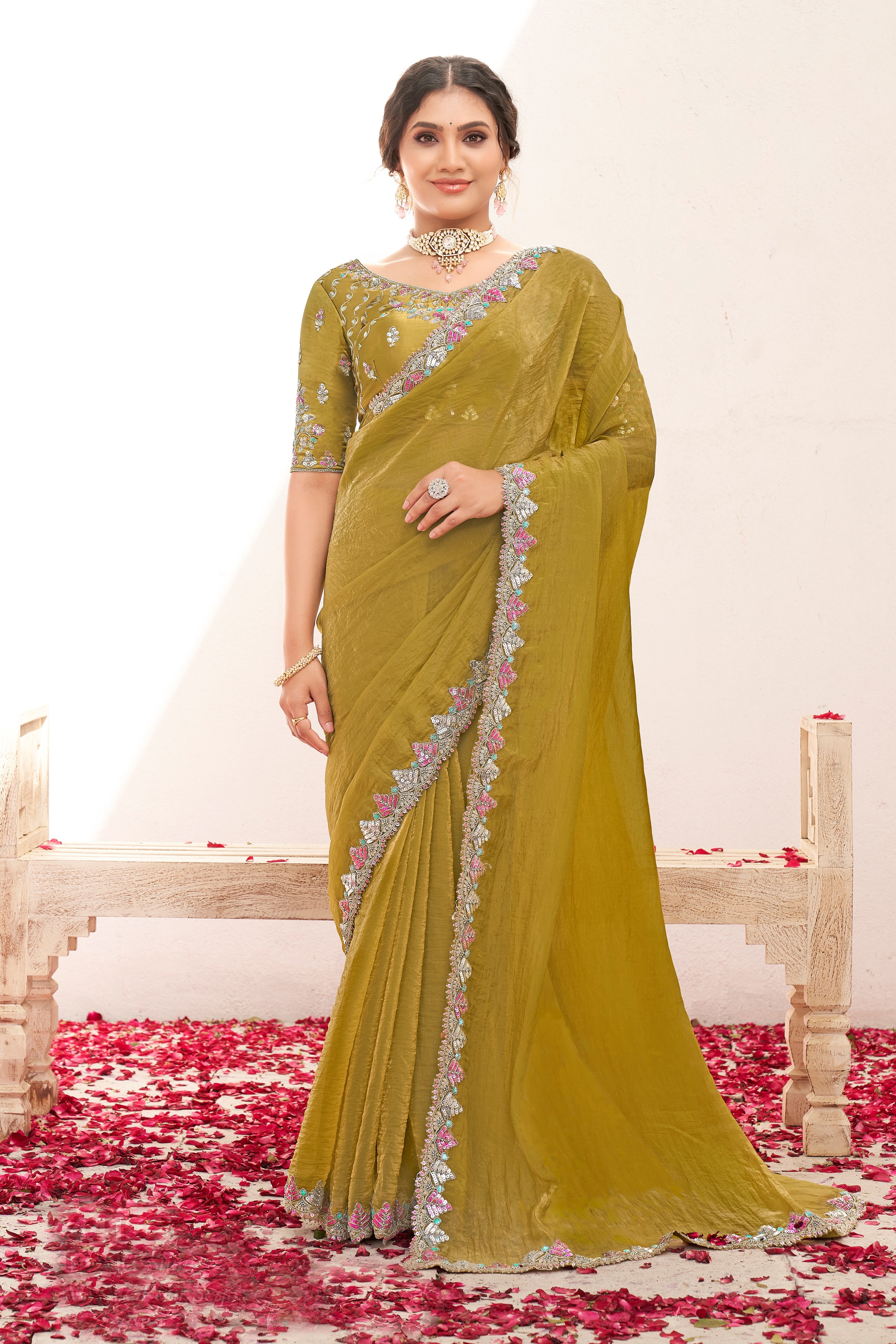 Mustard Embellished Simmer Chiffon Silk Saree