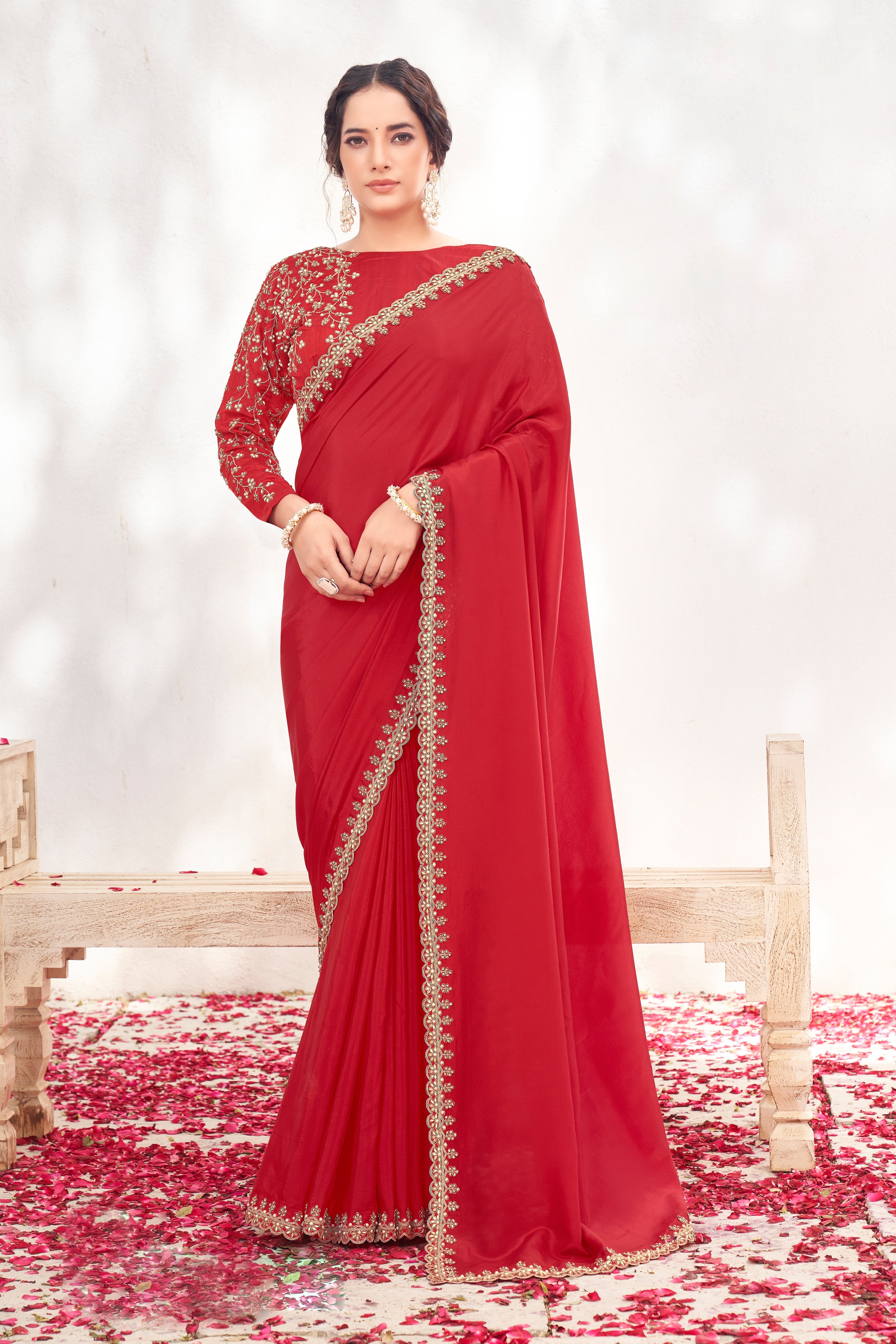 Red Embellished Crepe Satin Silk Saree