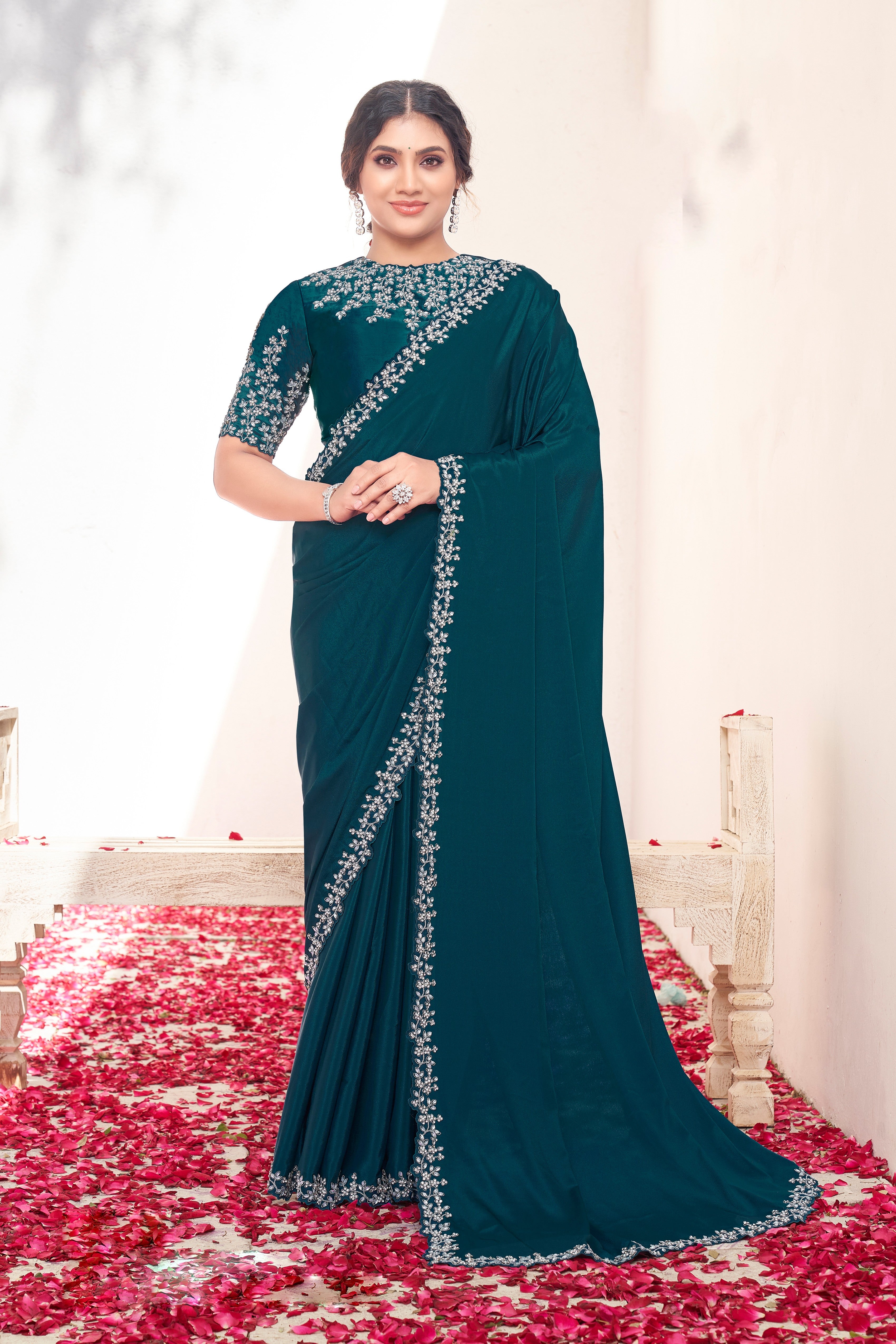 Teal Embellished Pure Crepe Silk Saree