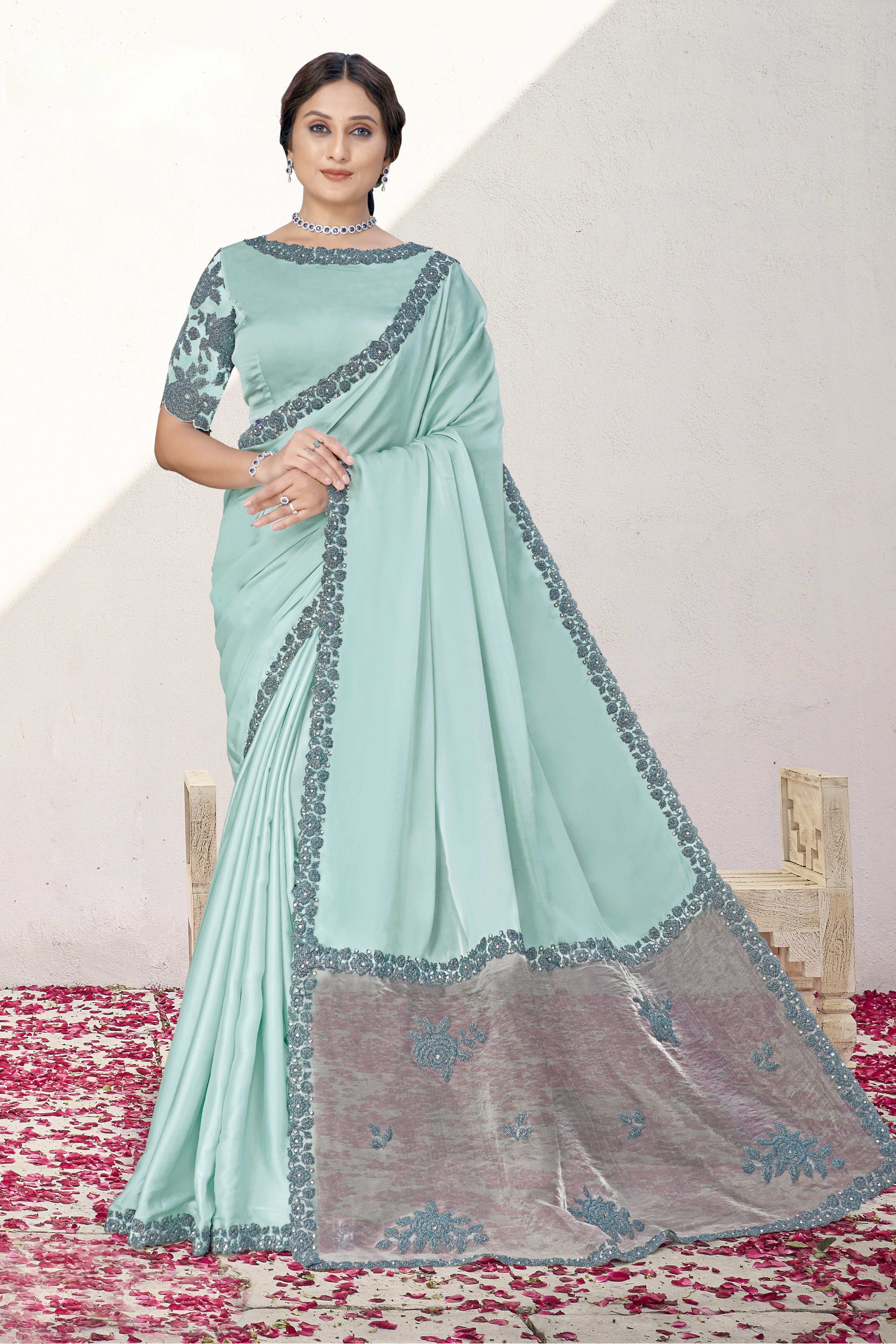 Sly Blue Embellished Satin Silk Saree
