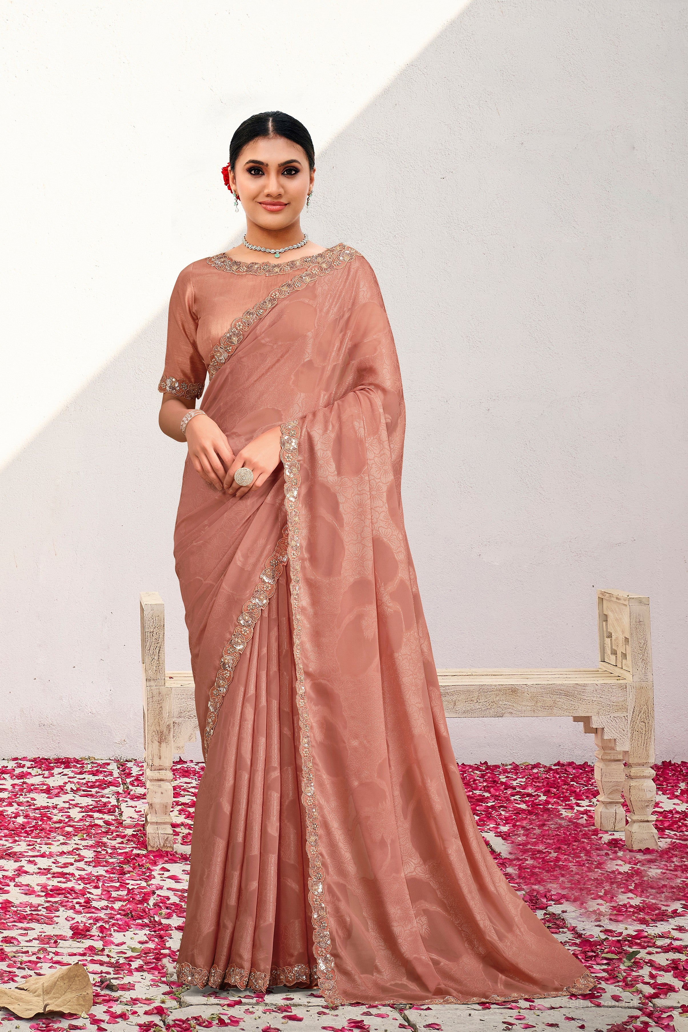 Peach Embellished Georgette Jacquard Silk Saree