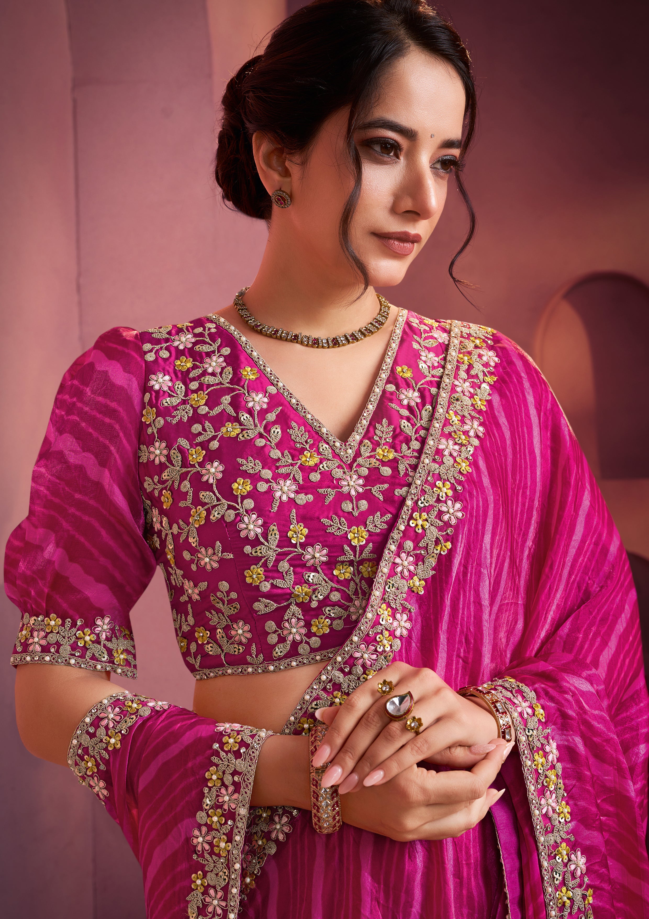 Rani Pink Embroidered Satin Silk Saree