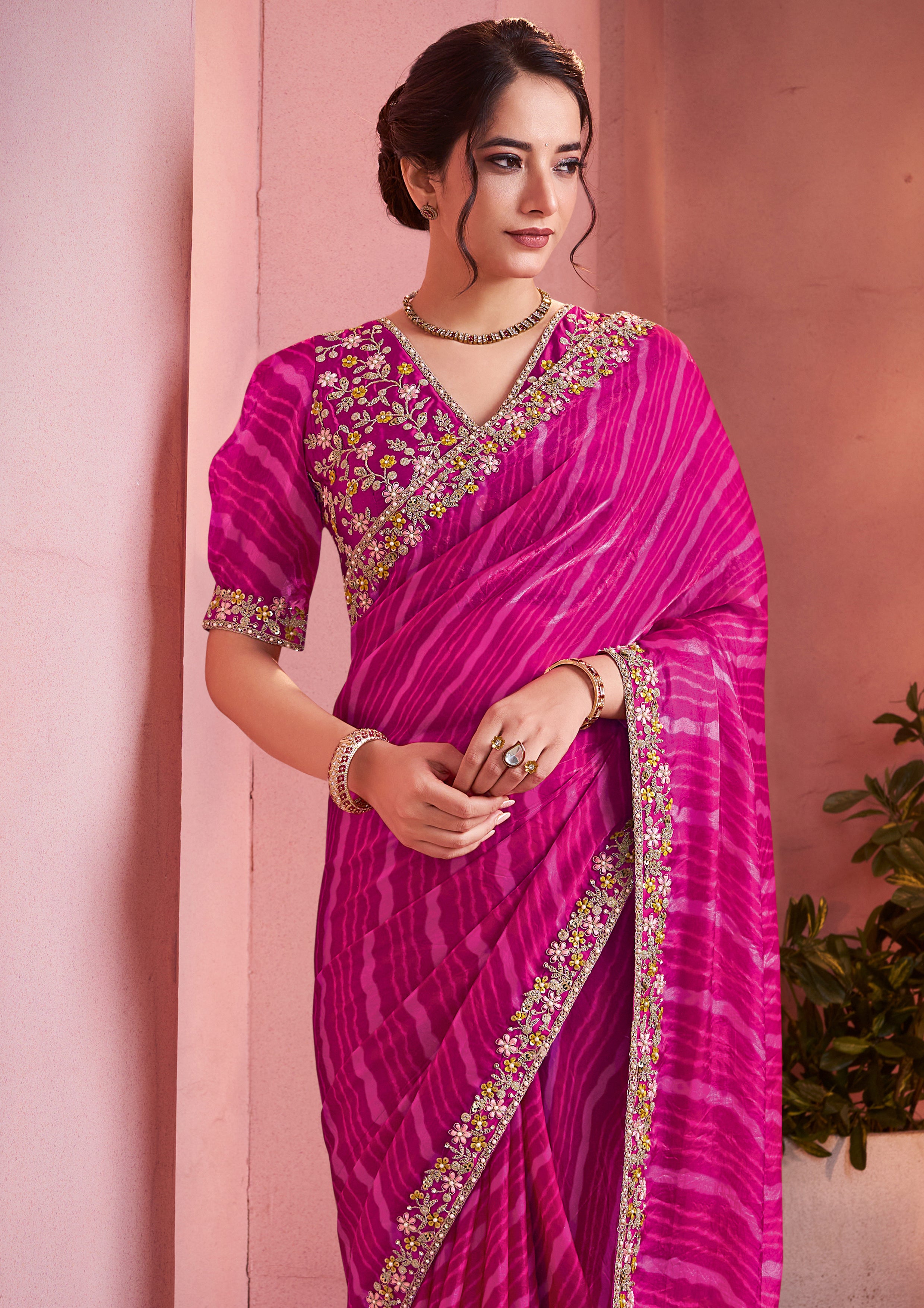 Rani Pink Embroidered Satin Silk Saree