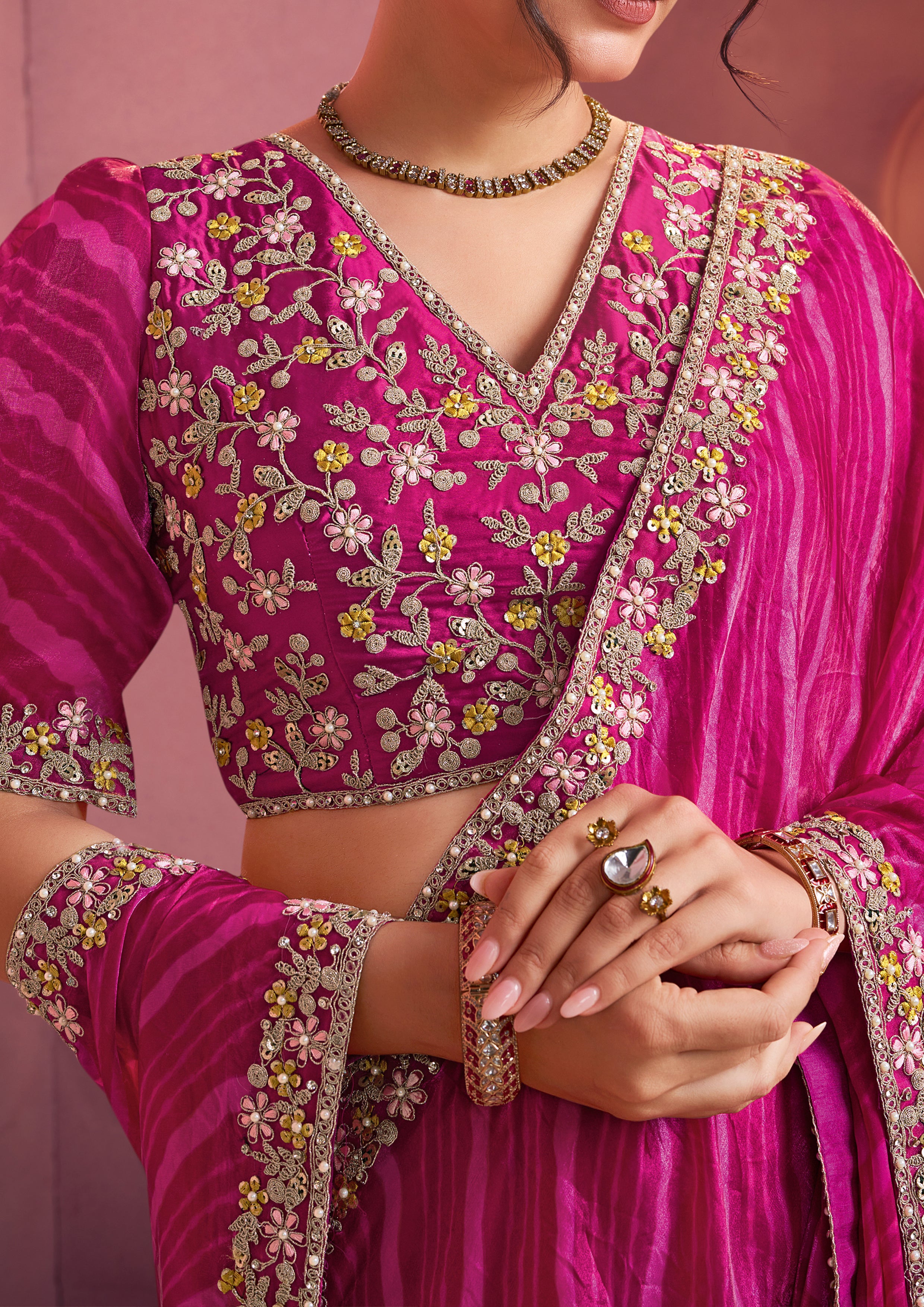 Rani Pink Embroidered Satin Silk Saree