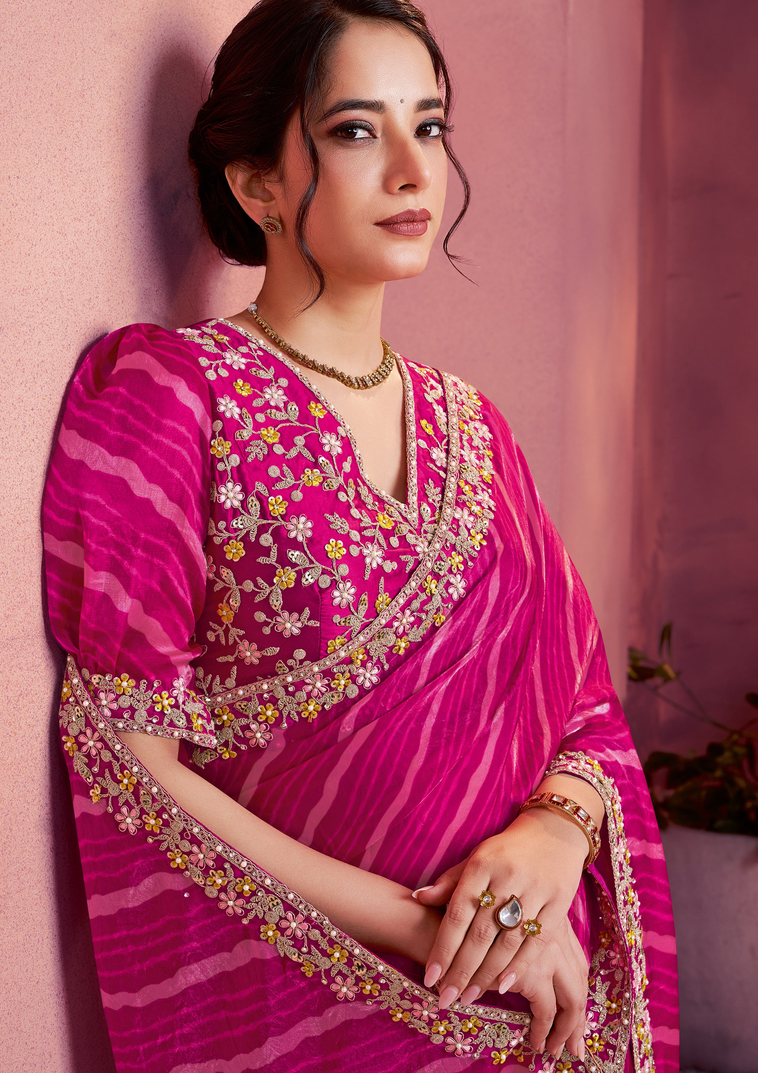 Rani Pink Embroidered Satin Silk Saree