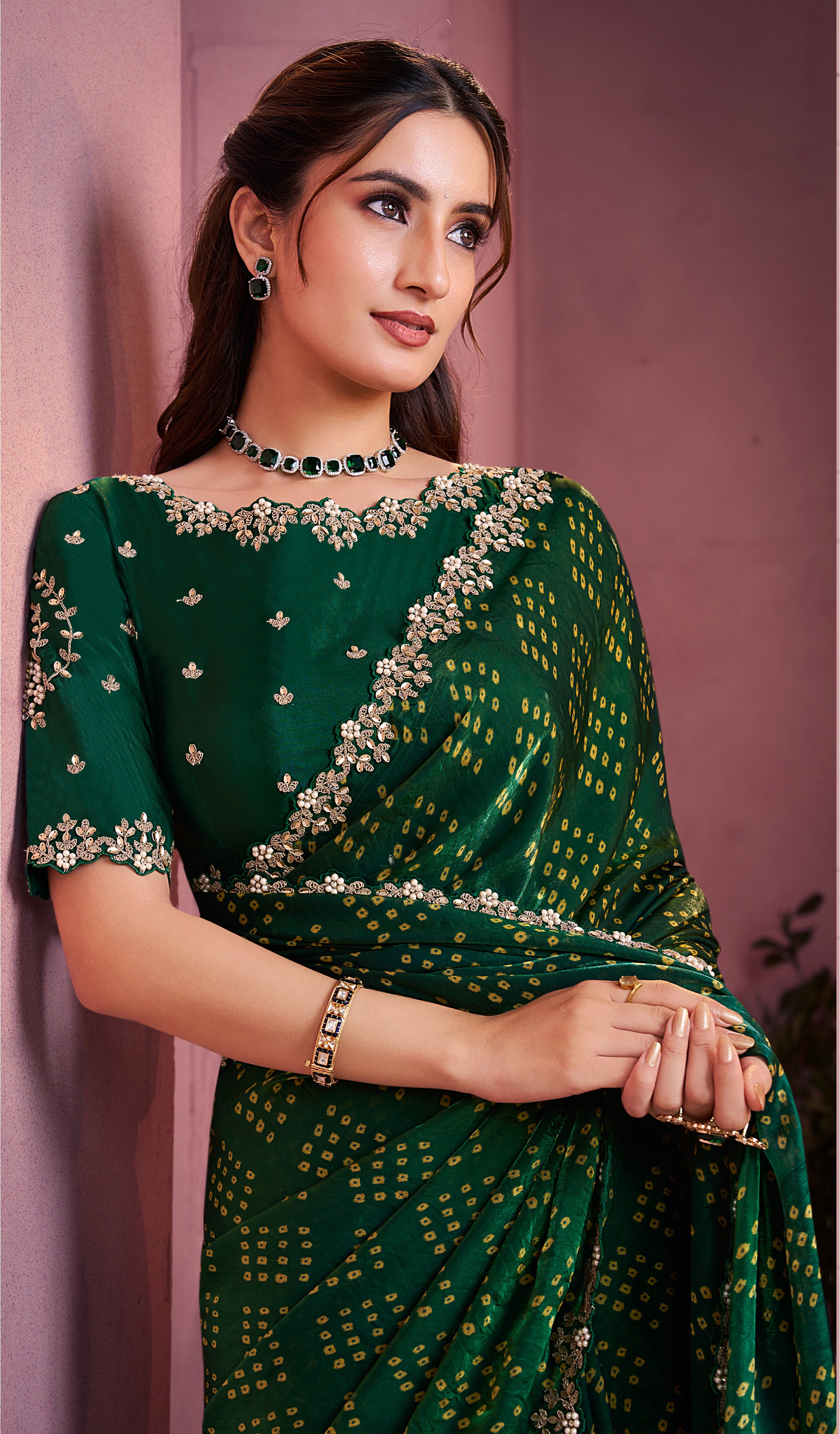 Bottle Green Bandhej Printed Satin Silk Saree